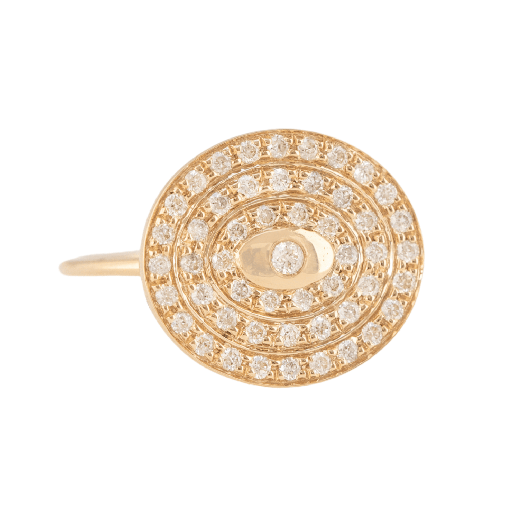 14K Infinity Plate Ring with Center Diamond Circled by Three Diamond Pave Halos - Peridot Fine Jewelry - Celine Daoust