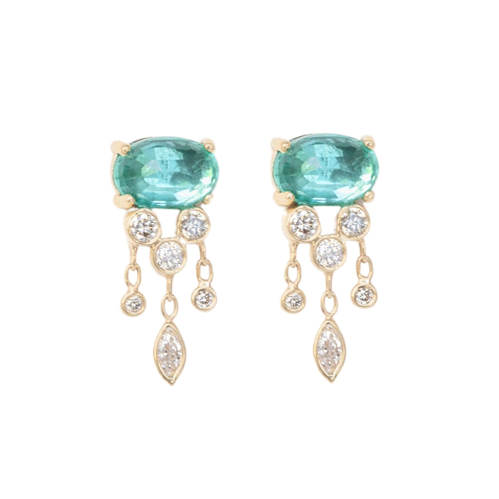 14k & Light Green Emerald "Jellyfish" Earrings with Diamond Dangles. - Peridot Fine Jewelry - Celine Daoust