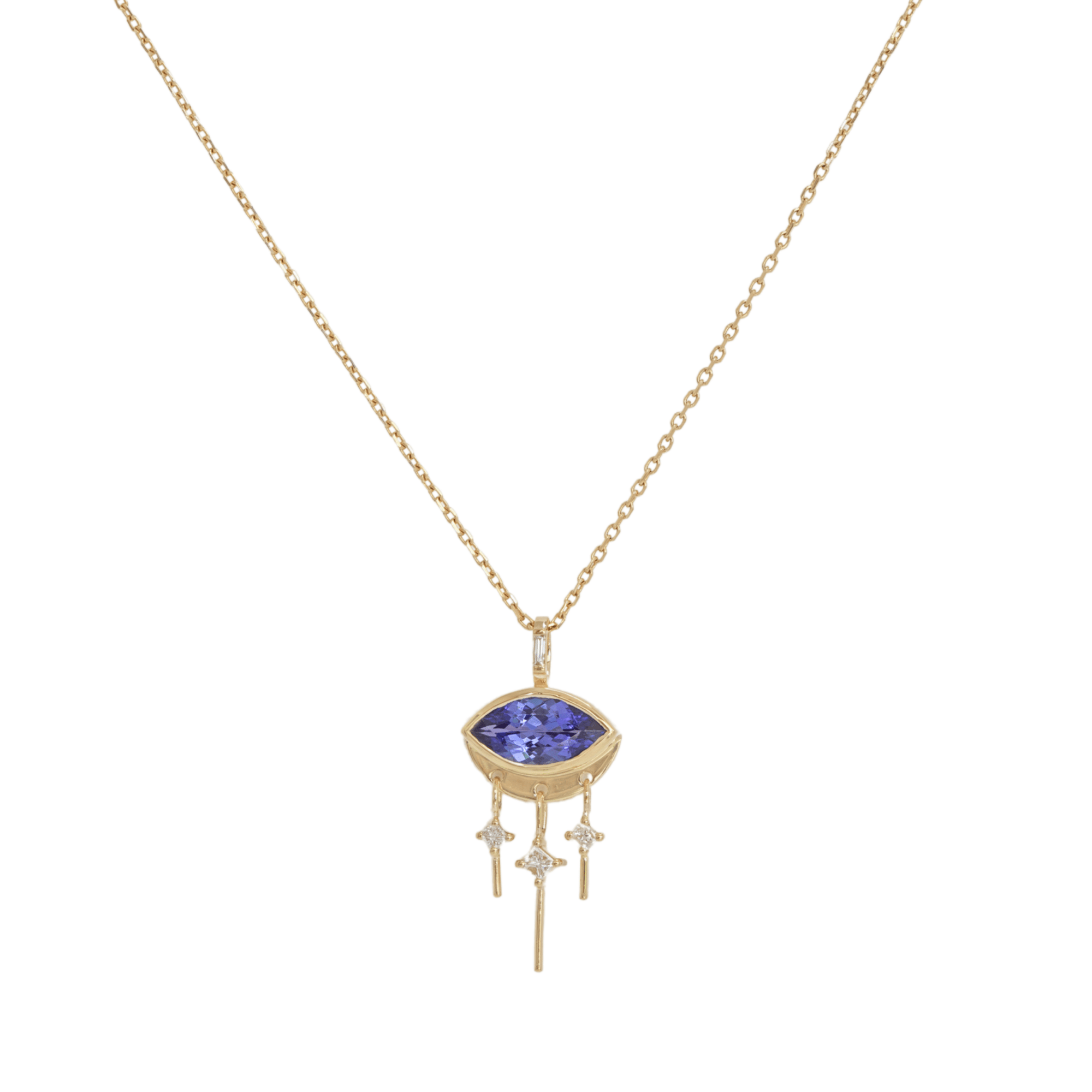 14K Marquise Tanzanite "Eye" Pendant Necklace with Dangling Diamond Bar Details - Peridot Fine Jewelry - Celine Daoust