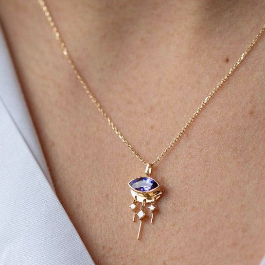 14K Marquise Tanzanite "Eye" Pendant Necklace with Dangling Diamond Bar Details - Peridot Fine Jewelry - Celine Daoust