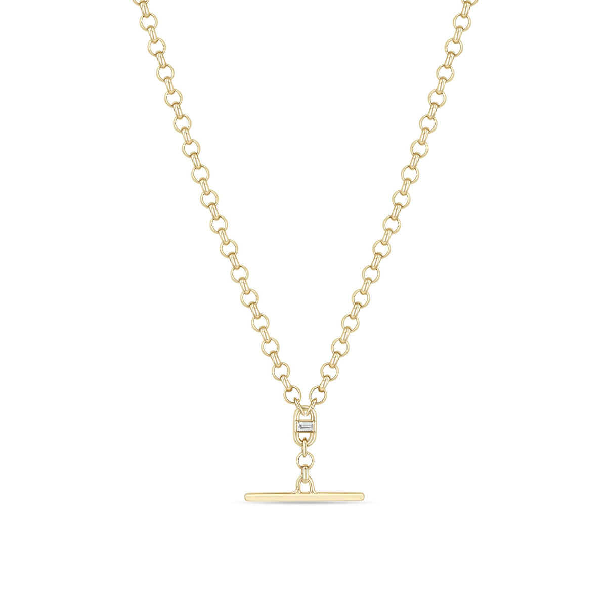 14K Medium Rolo Chain Faux Toggle Lariat Necklace with Baguette Diamond Center Link - Peridot Fine Jewelry - Zoe Chicco
