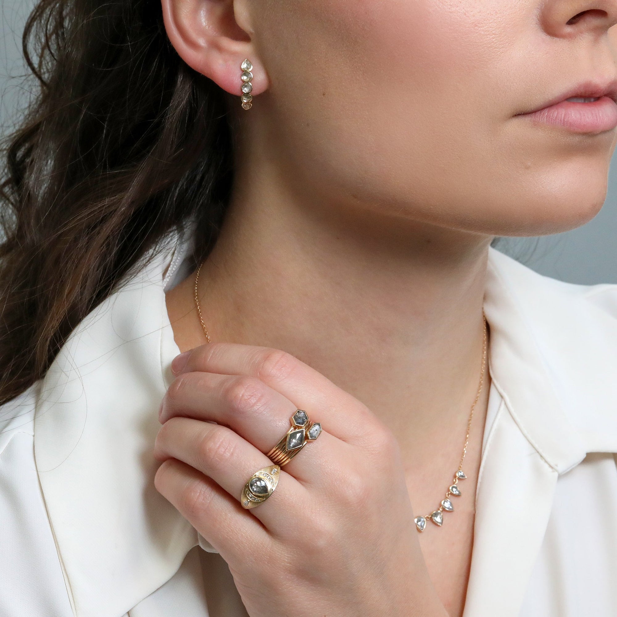 14K Multi Band One of a Kind Ring with 3 Rose Cut Diamonds & Pave Diamond Details - Peridot Fine Jewelry - Celine Daoust