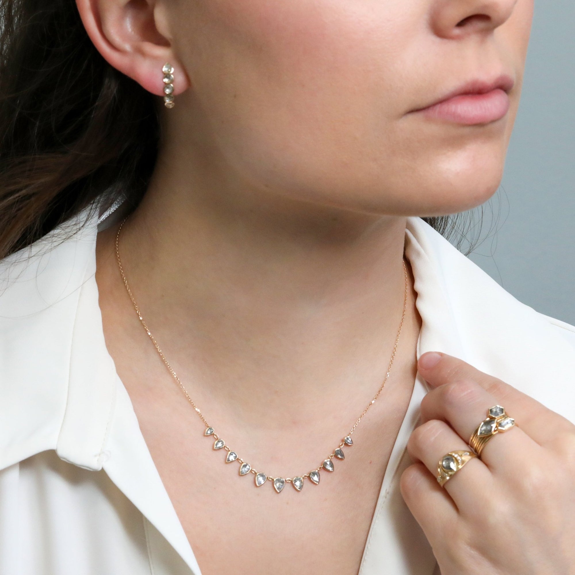 14K Multi Band One of a Kind Ring with 3 Rose Cut Diamonds & Pave Diamond Details - Peridot Fine Jewelry - Celine Daoust