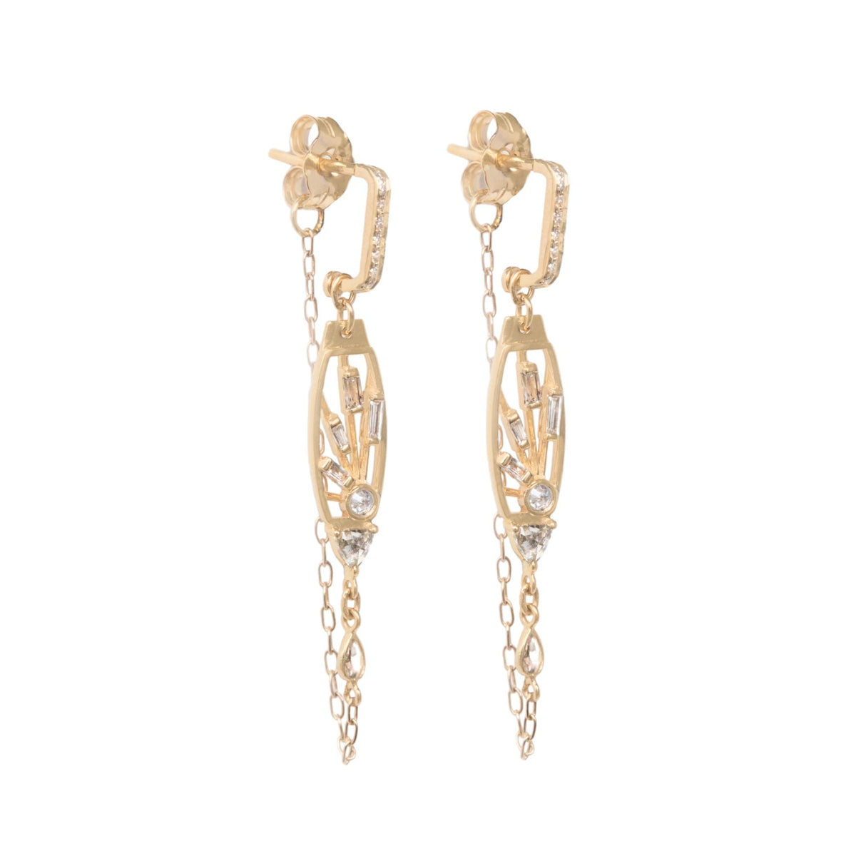 14K "Open Eye" Plate Earrings with Moonstone Baguettes &amp; Diamonds - Peridot Fine Jewelry - Celine Daoust