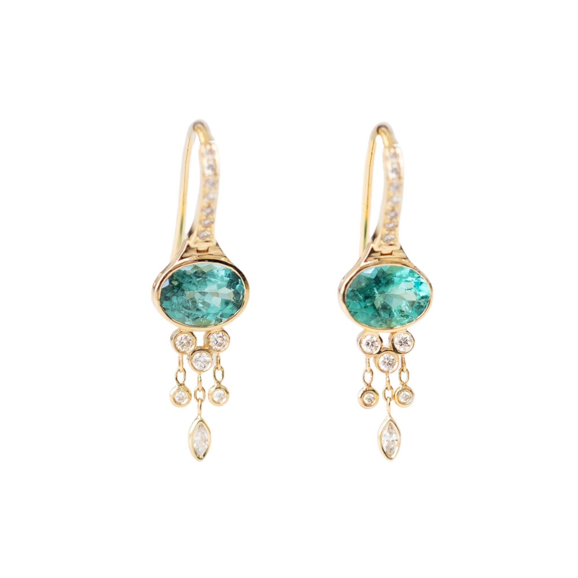 14K & Oval Green Tourmaline Drop Earrings with Diamond "Fringe" Details - Peridot Fine Jewelry - Celine Daoust