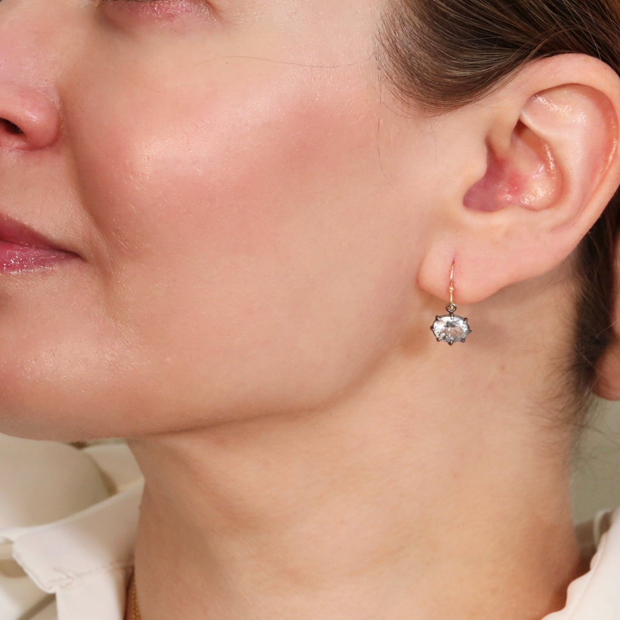 14K &amp; Oxidized Sterling Silver Multi Prong - Set Mini Faceted White Topaz Earrings - Peridot Fine Jewelry - Rosanne Pugliese