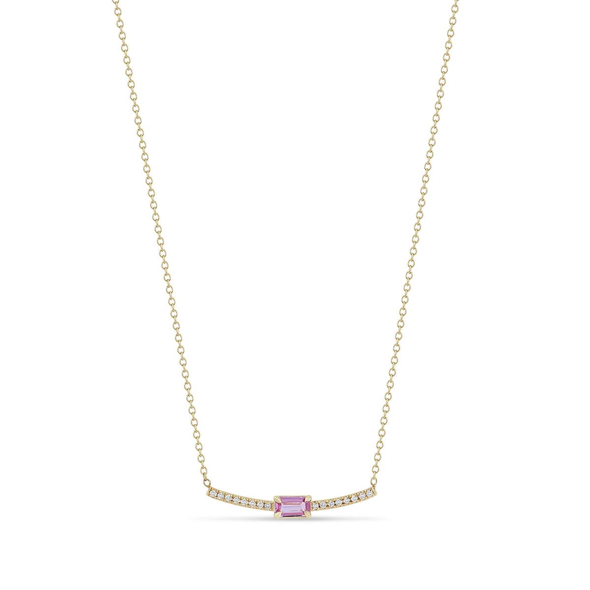 14K & Pave Diamond Curved Bar Necklace with Center Emerald-Cut Pink Sapphire - Peridot Fine Jewelry - Zoe Chicco
