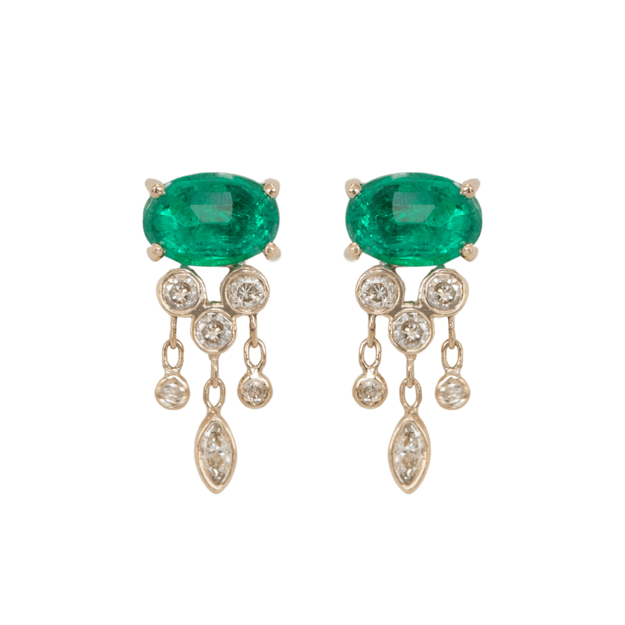 14K Prong - Set Emerald "Jellyfish" Earrings with Diamond Dangles - Peridot Fine Jewelry - Celine Daoust