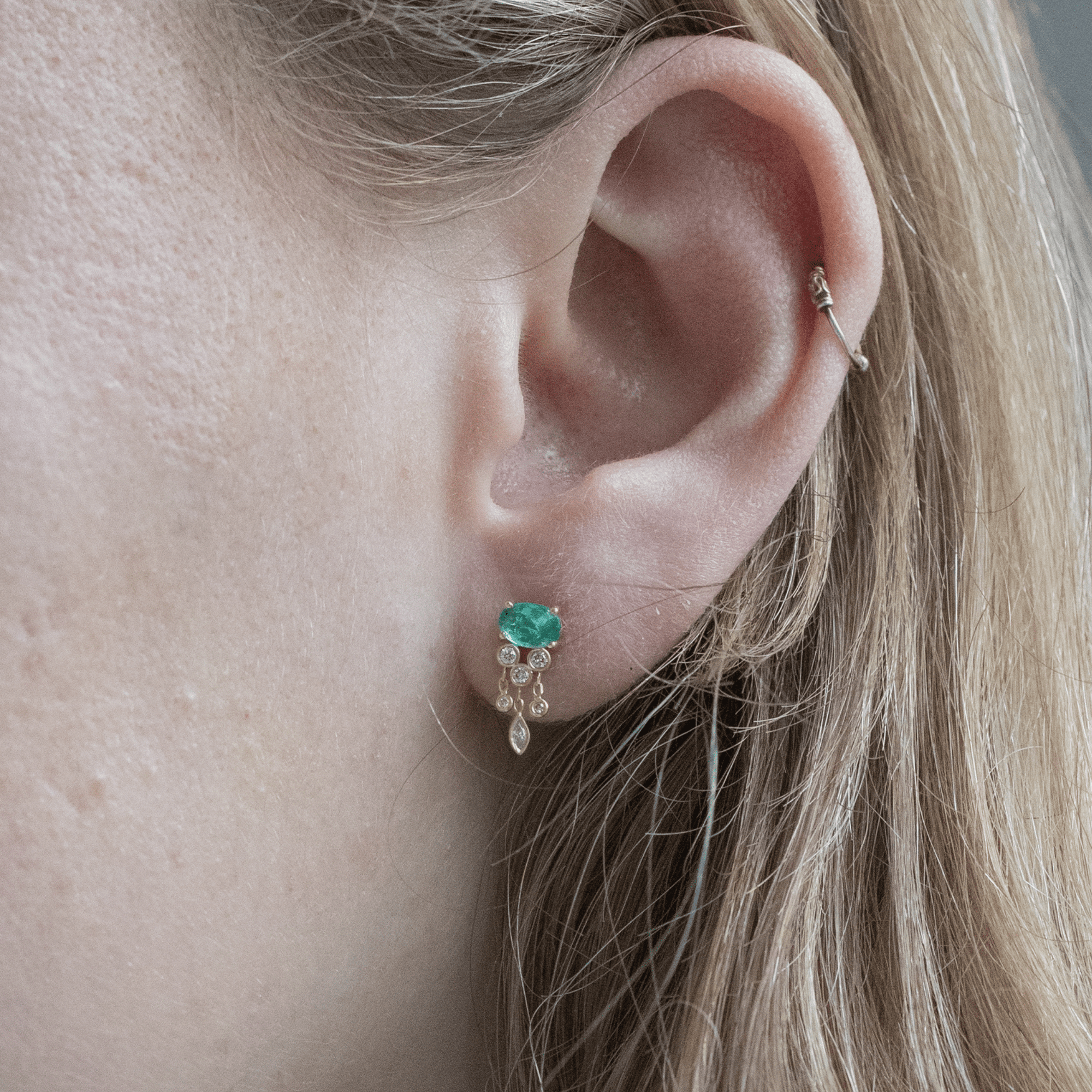 14K Prong - Set Emerald "Jellyfish" Earrings with Diamond Dangles - Peridot Fine Jewelry - Celine Daoust