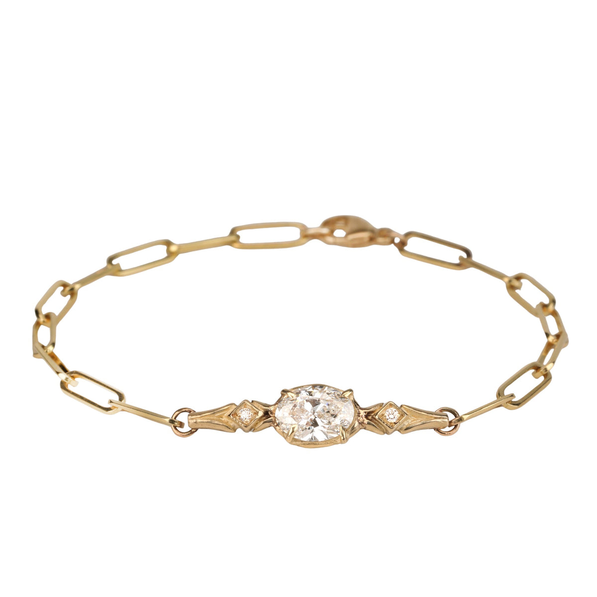 14K Prong-Set Lab Grown Oval Diamond Paperclip "Branch" Bracelet - Peridot Fine Jewelry - Robin Haley