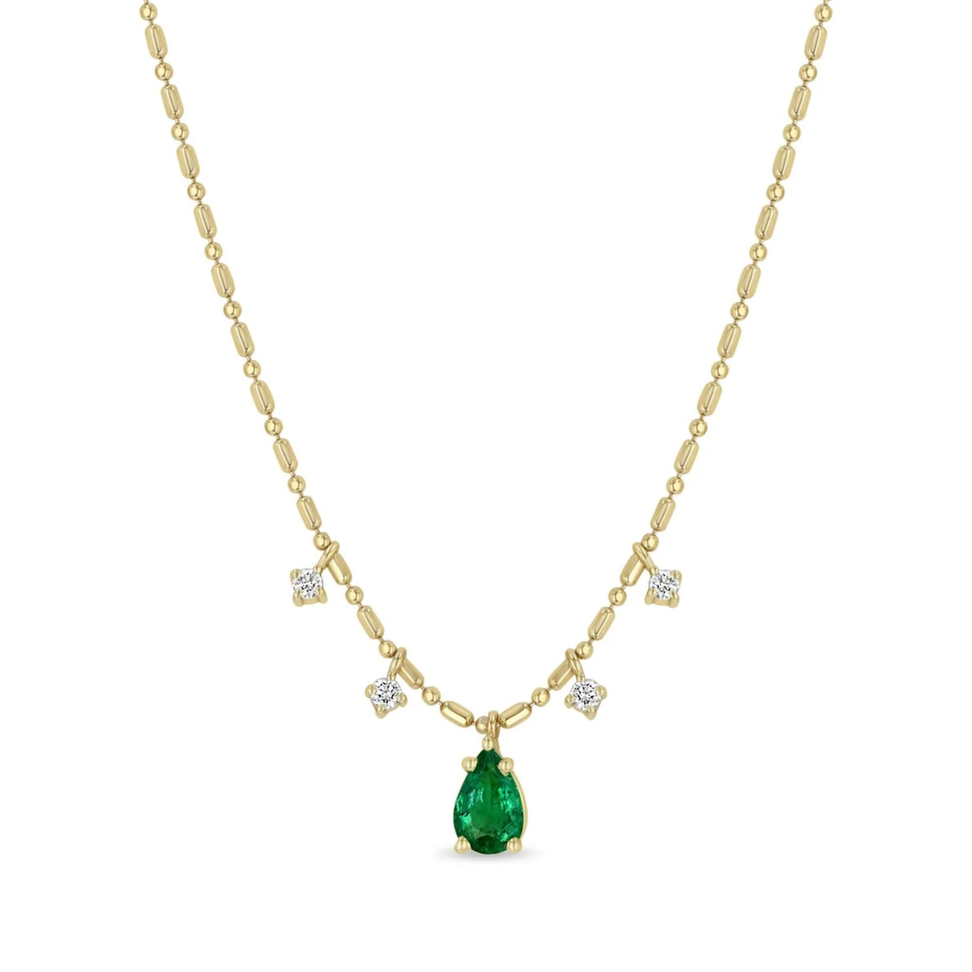 14K Prong - Set Pear Emerald Necklace on Tube &amp; Bead Chain with Four Dangling Diamond Details - Peridot Fine Jewelry - Zoe Chicco