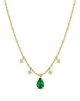 14K Prong - Set Pear Emerald Necklace on Tube & Bead Chain with Four Dangling Diamond Details - Peridot Fine Jewelry - Zoe Chicco