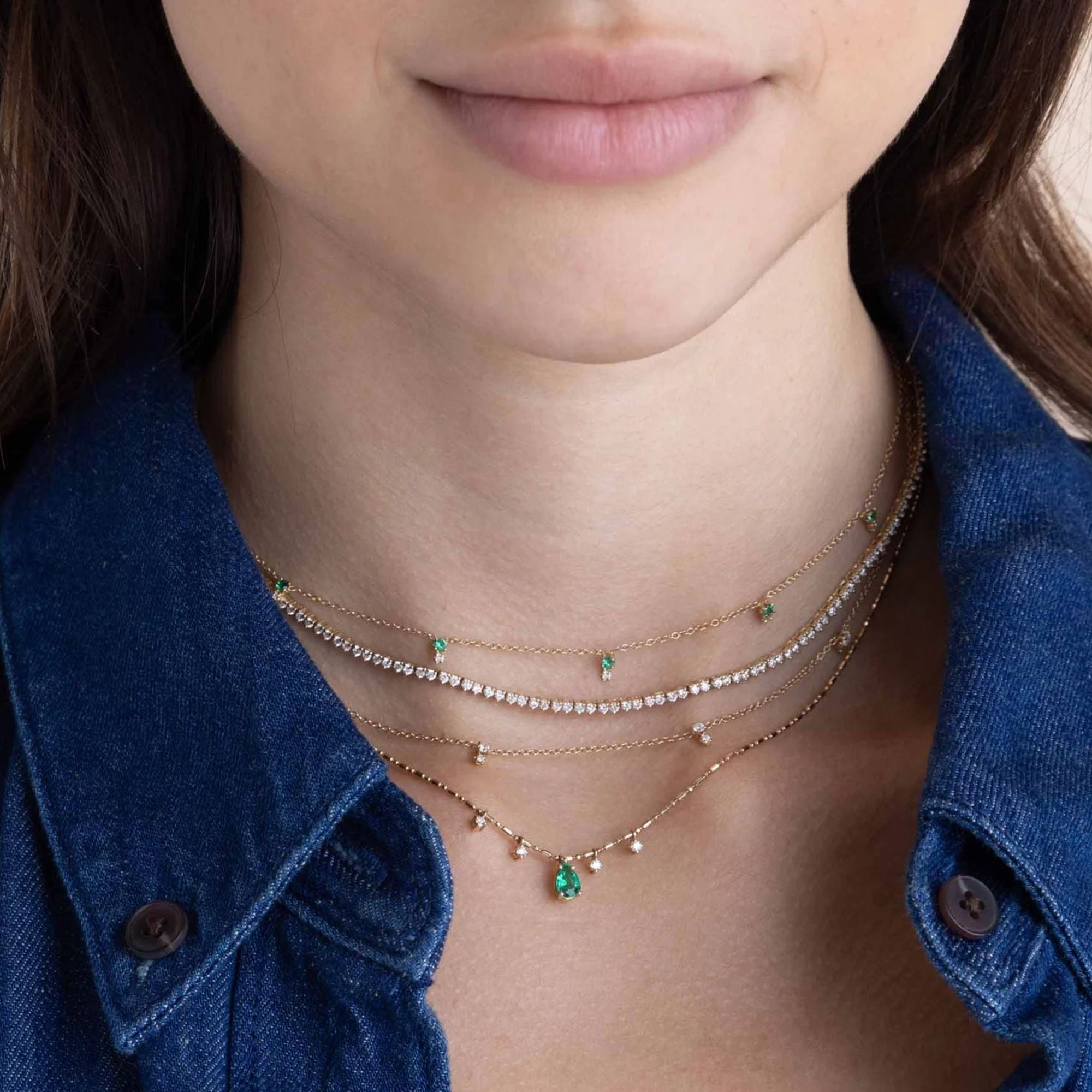 14K Prong - Set Pear Emerald Necklace on Tube &amp; Bead Chain with Four Dangling Diamond Details - Peridot Fine Jewelry - Zoe Chicco