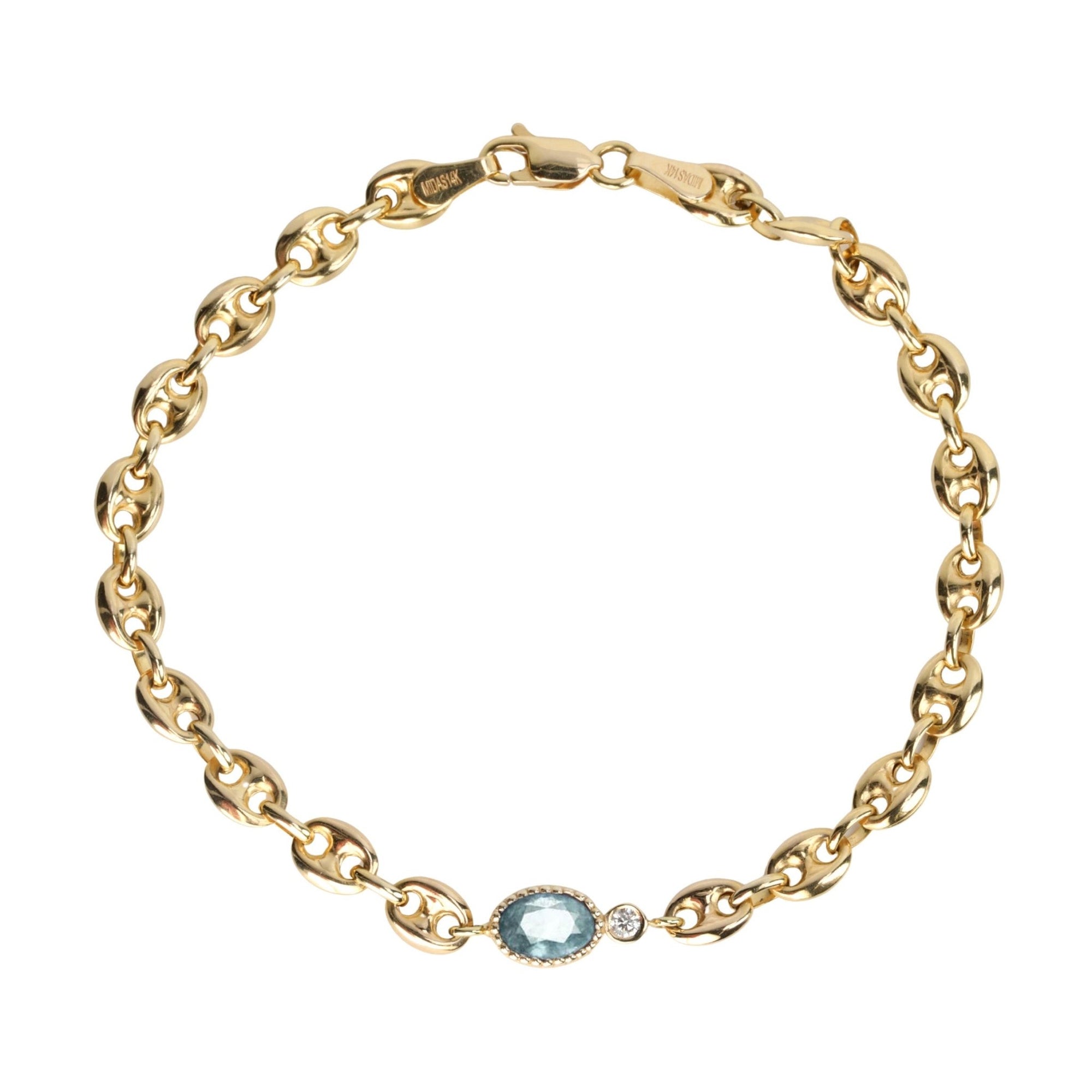 14K Puffed Mariner Chain Bracelet with With Oval Aquamarine - Peridot Fine Jewelry - Zahava