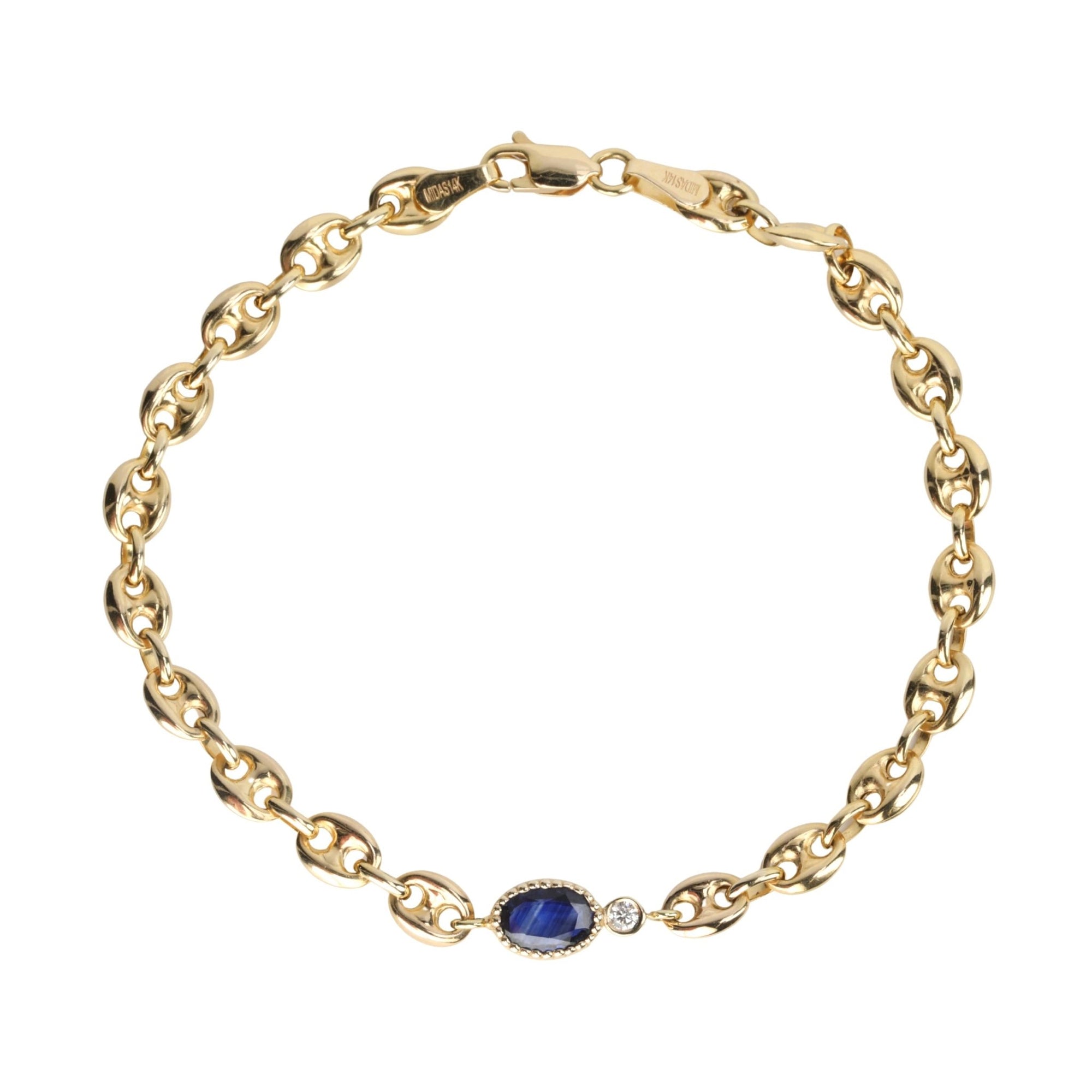 14K Puffed Mariner Chain Bracelet with With Oval Celyon Blue Sapphire - Peridot Fine Jewelry - Zahava