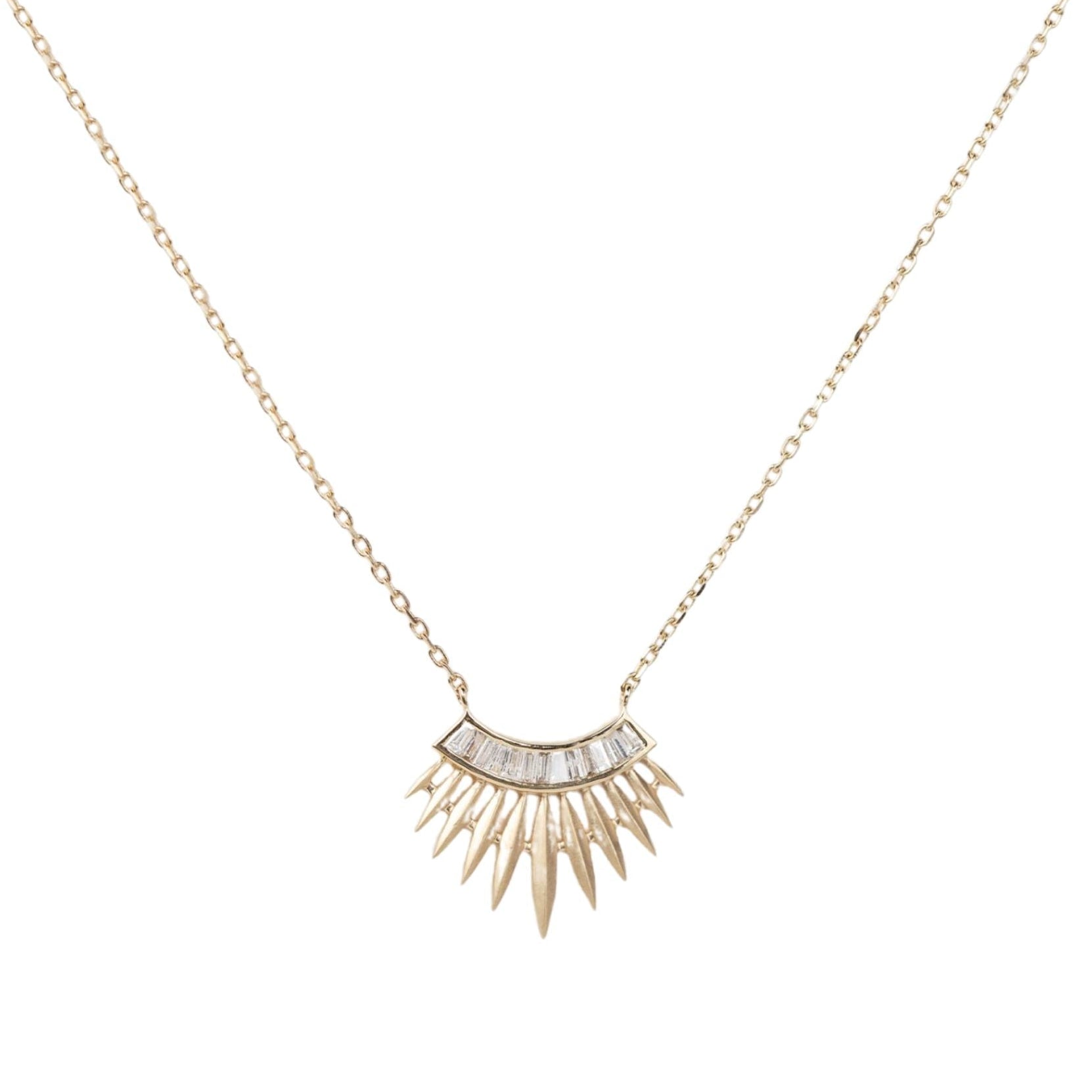 14K "Rising Sun" Necklace with Curved Baguette Diamond Row - Peridot Fine Jewelry - Celine Daoust