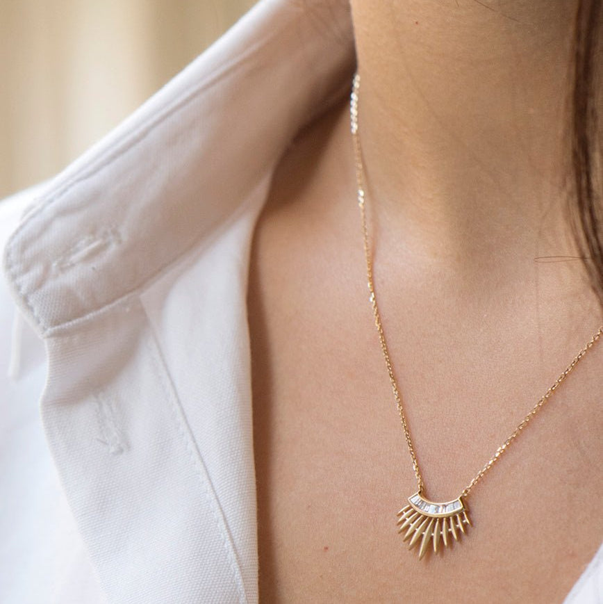 14K "Rising Sun" Necklace with Curved Baguette Diamond Row - Peridot Fine Jewelry - Celine Daoust