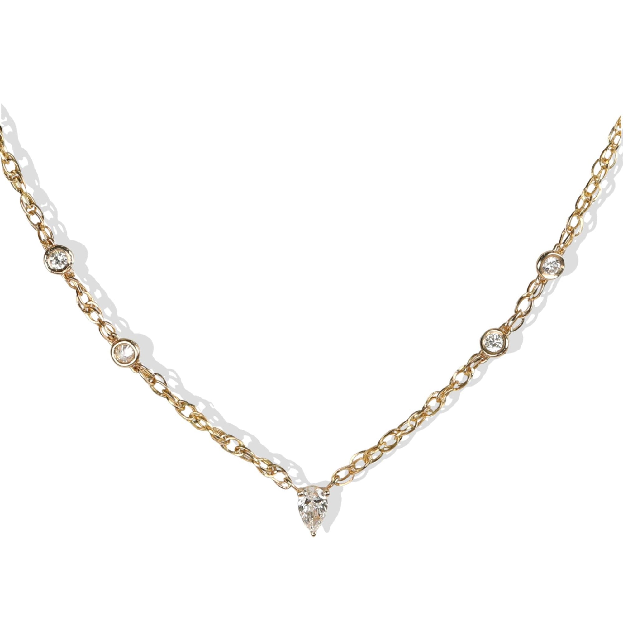 14K Rope Chain with Four Bezel - Set Diamonds and Center Pear Shaped Diamond Drop - Peridot Fine Jewelry - Zahava