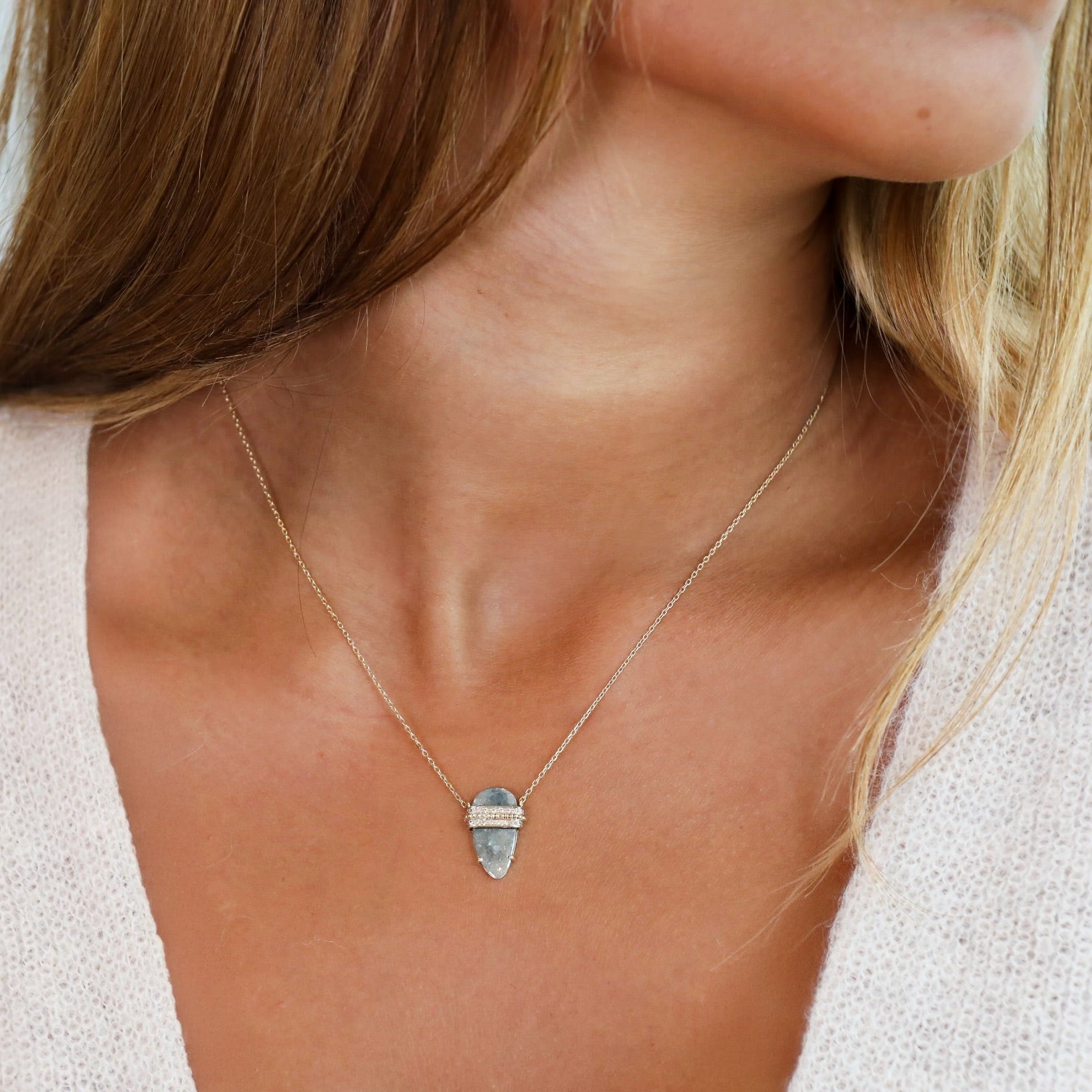 14K Rose Cut Grey Diamond Slice Pendant Necklace with Diamond Details - Peridot Fine Jewelry - Celine Daoust