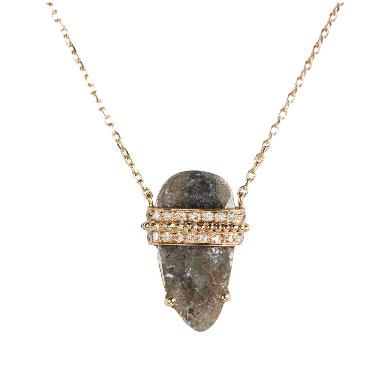 14K Rose Cut Grey Diamond Slice Pendant Necklace with Diamond Details - Peridot Fine Jewelry - Celine Daoust