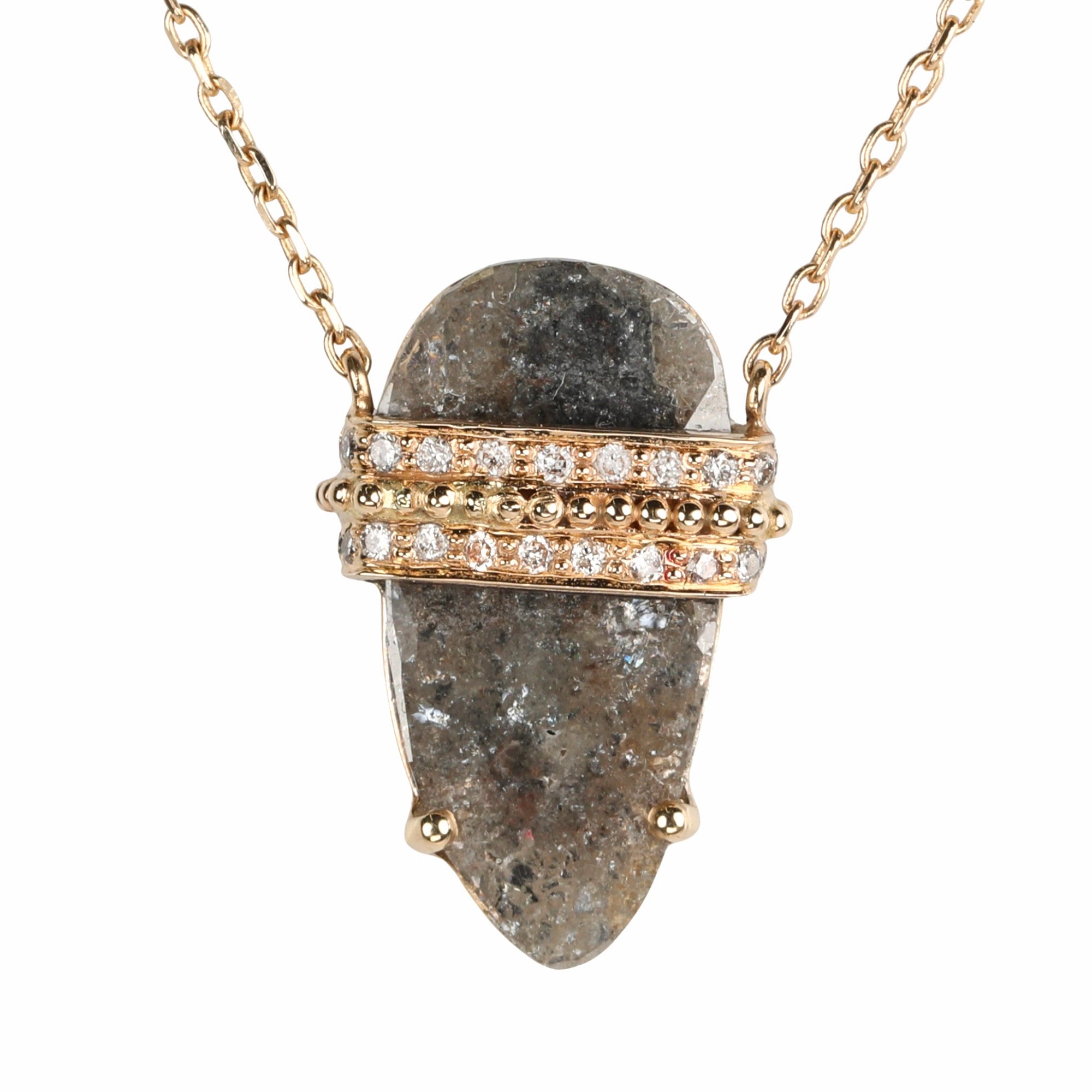14K Rose Cut Grey Diamond Slice Pendant Necklace with Diamond Details - Peridot Fine Jewelry - Celine Daoust