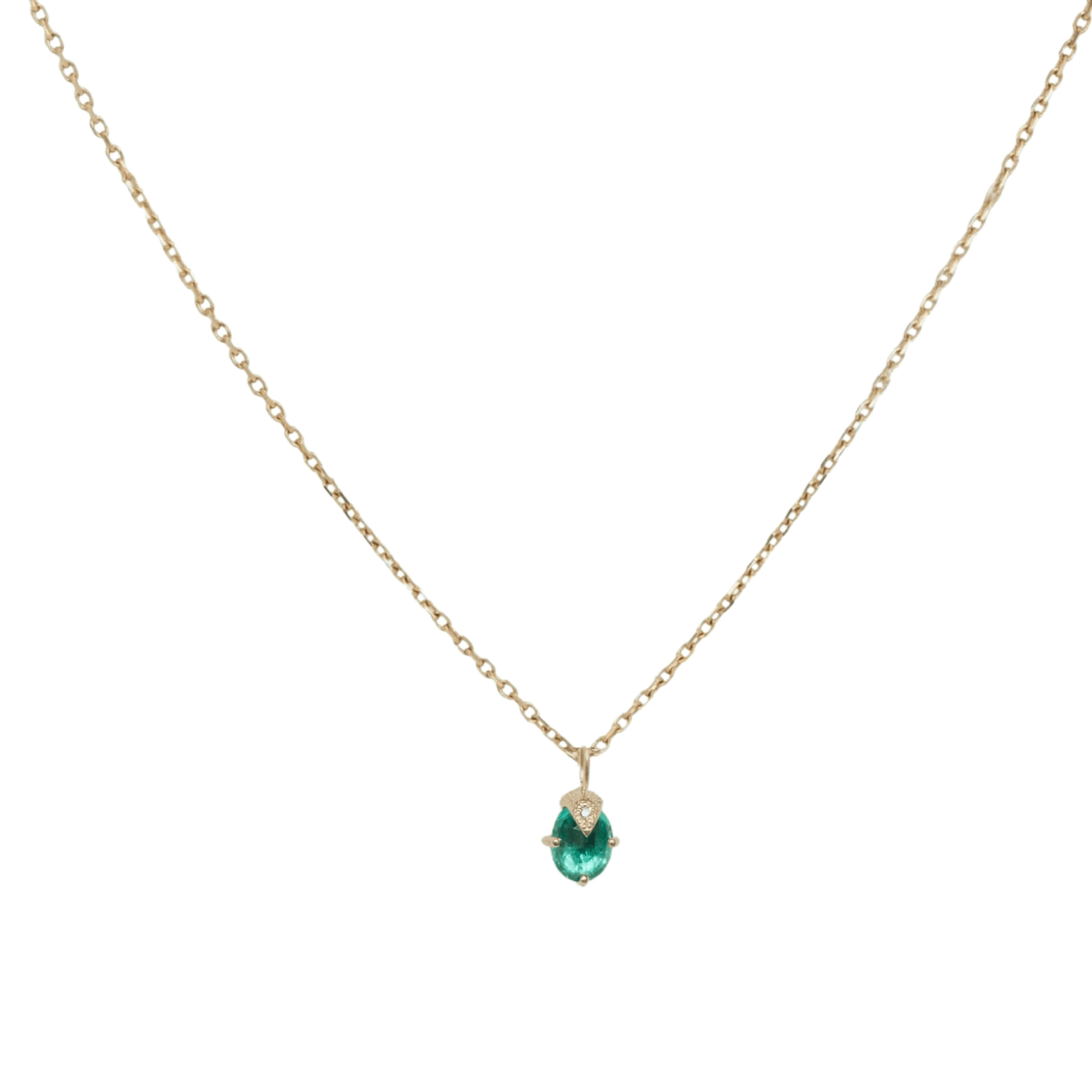 14K Single Claw-Set Oval Emerald Necklace with Diamond Claw Detail - Peridot Fine Jewelry - Celine Daoust