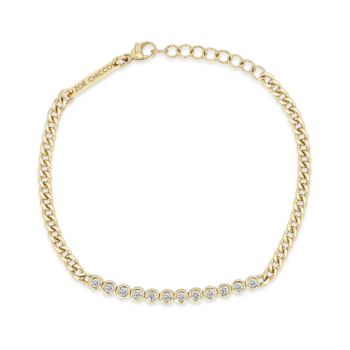14K Small Curb Chain &amp; Bezel-Set Diamond "Tennis Station" Bracelet - Peridot Fine Jewelry - Zoe Chicco