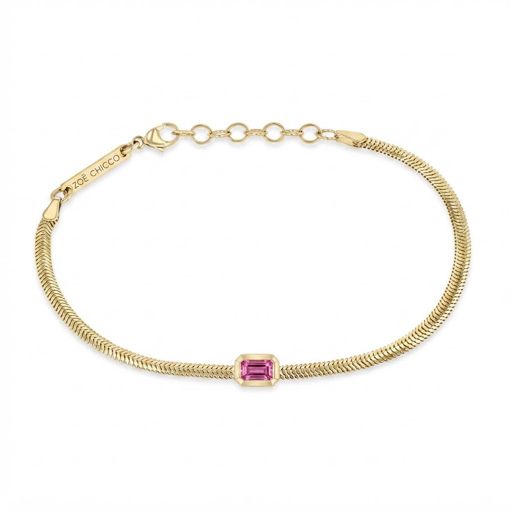 14K Small Oval Snake Chain Bracelet with Emerald-Cut Pink Sapphire - Peridot Fine Jewelry - Zoe Chicco