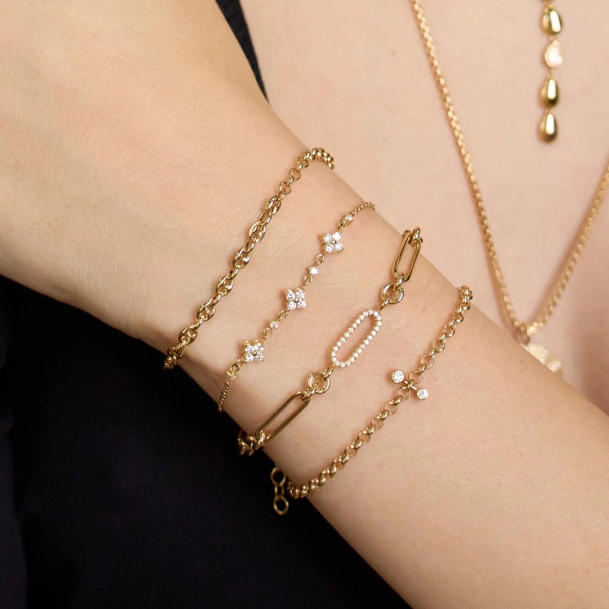 14K Small Puffed Mariner Chain &amp; Medium Rolo Chain Station Bracelet - Peridot Fine Jewelry - Zoe Chicco