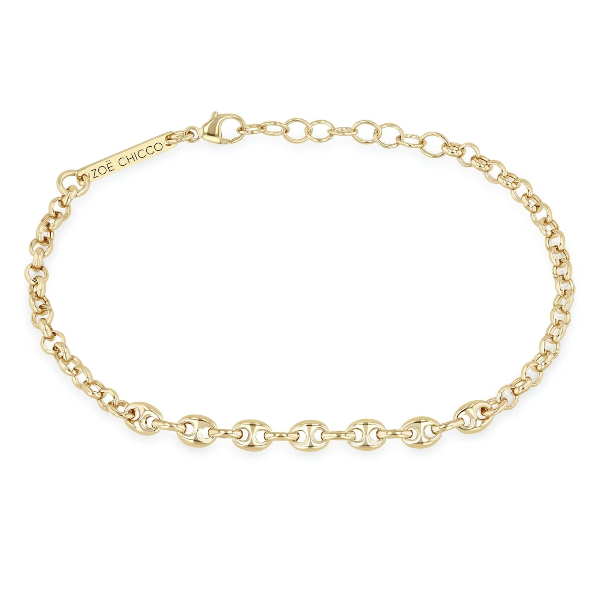14K Small Puffed Mariner Chain &amp; Medium Rolo Chain Station Bracelet - Peridot Fine Jewelry - Zoe Chicco