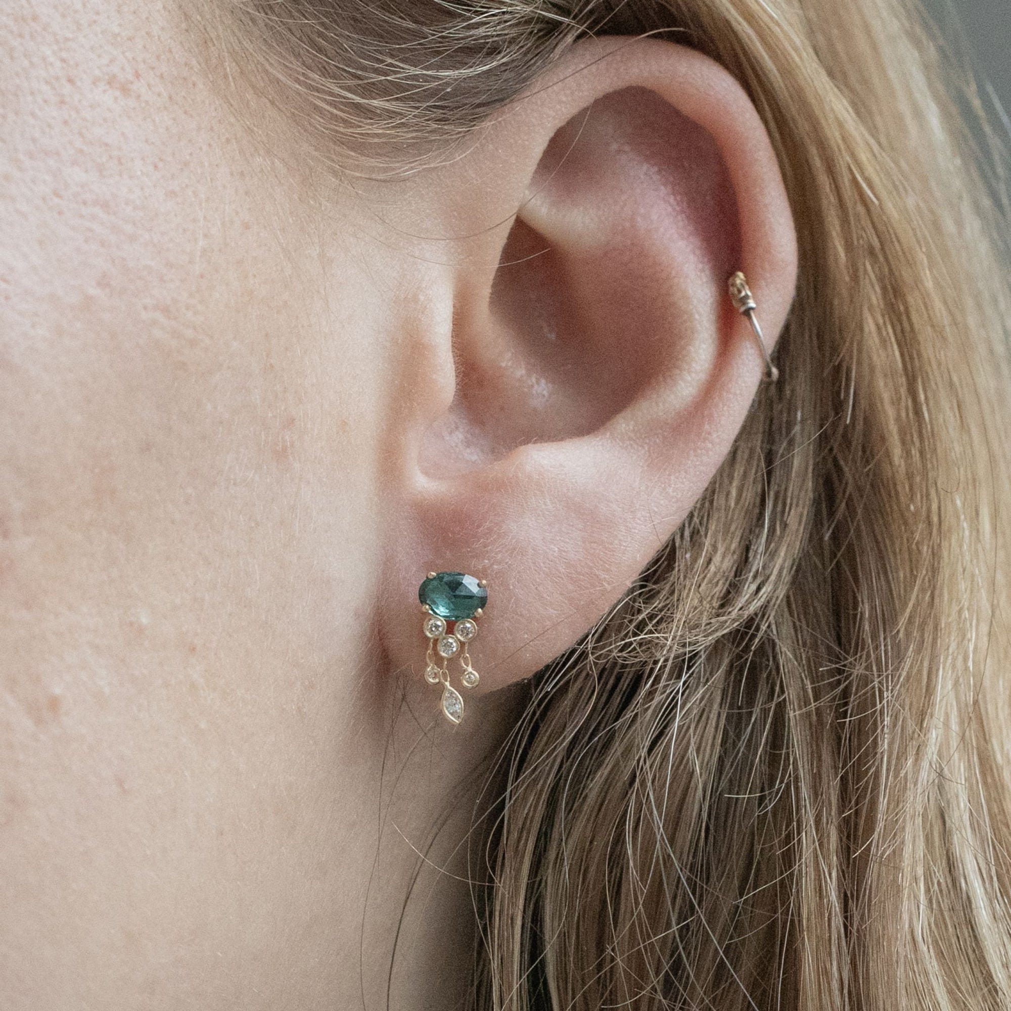 14K & Teal Tourmaline "Jellyfish" Earrings with Diamond Details - Peridot Fine Jewelry - Celine Daoust
