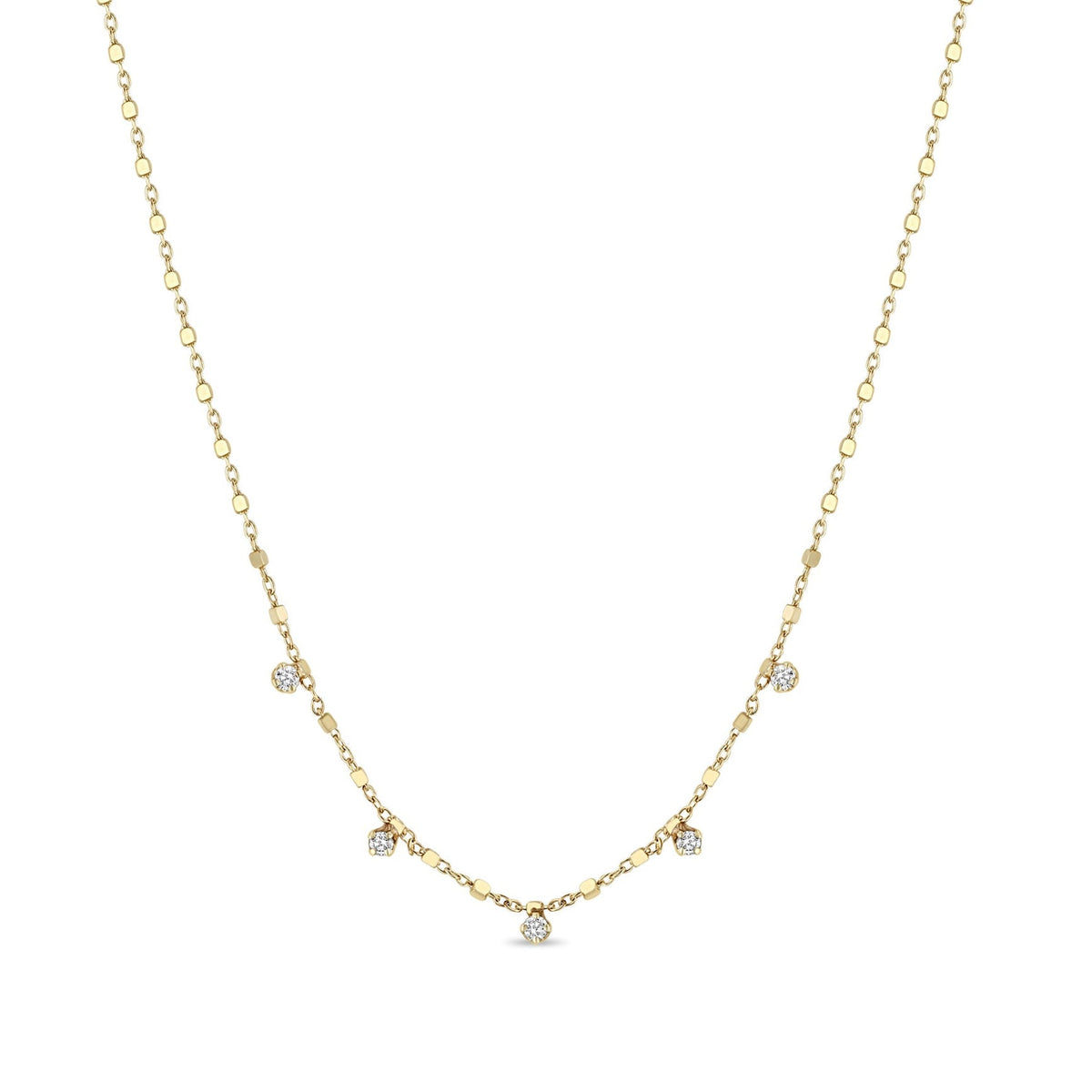 14K Tiny Cable & Square Bead Chain Necklace with Five Prong-Set Diamond Dangles - Peridot Fine Jewelry - Zoe Chicco