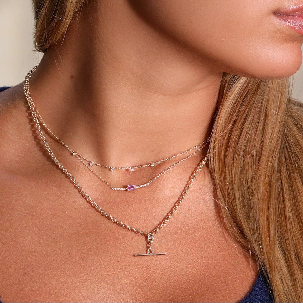 14K Tiny Cable & Square Bead Chain Necklace with Five Prong-Set Diamond Dangles - Peridot Fine Jewelry - Zoe Chicco