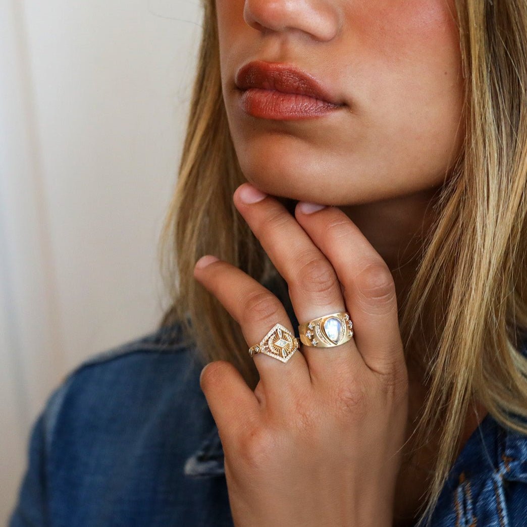 14K Wide Tapered Shield Ring with Center Pear - Shaped Moonstone &amp; Diamond Details - Peridot Fine Jewelry - Celine Daoust