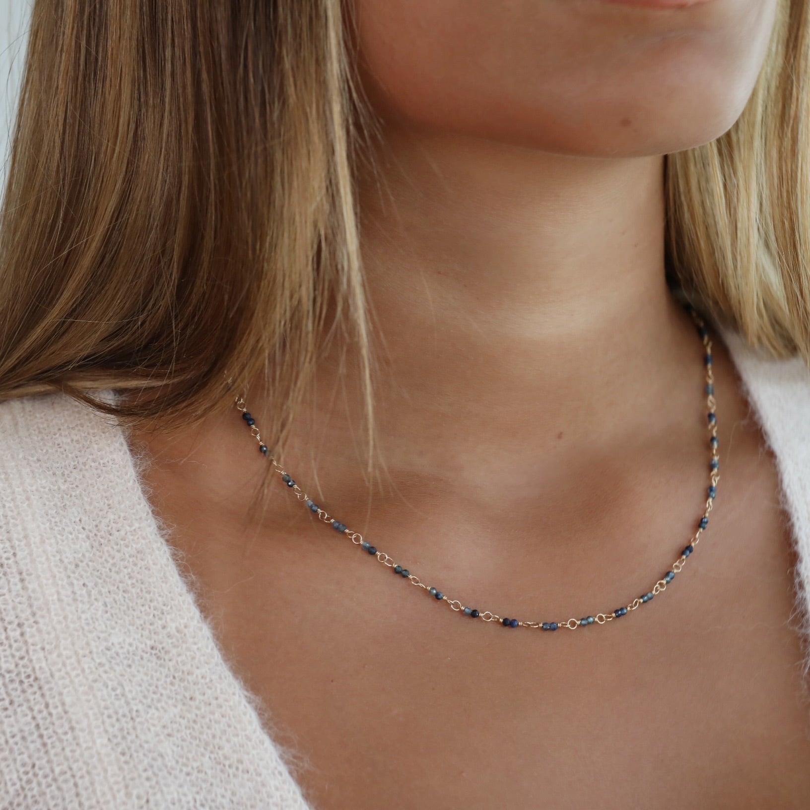 14K Wire - Wrapped Ombre Blue Sapphire Beaded Necklace - Peridot Fine Jewelry - Anne Sportun