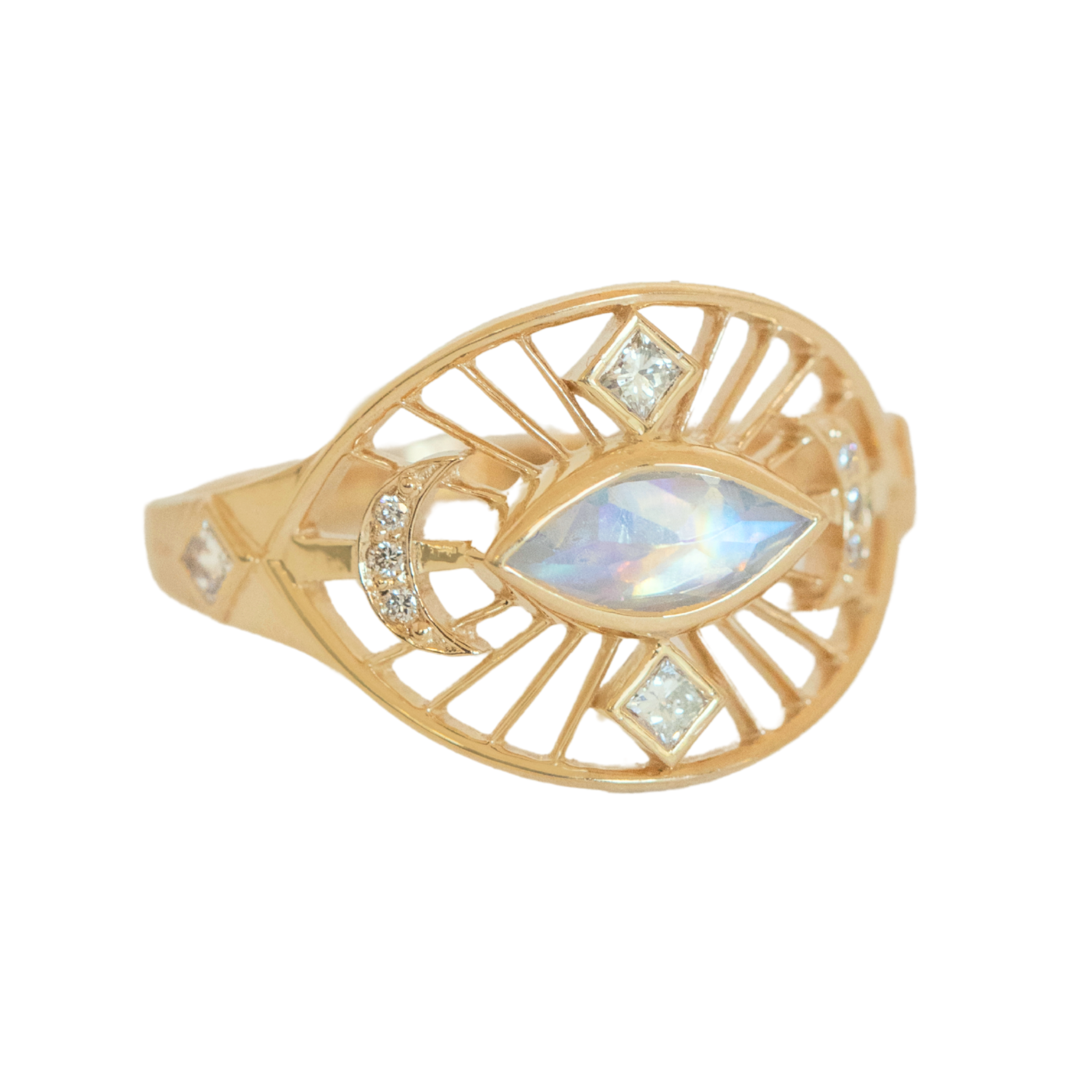 14K and Marquise Moonstone "Eye" Cut-Out Ring with Princess Cut Diamonds &amp; Pave Crescent Details