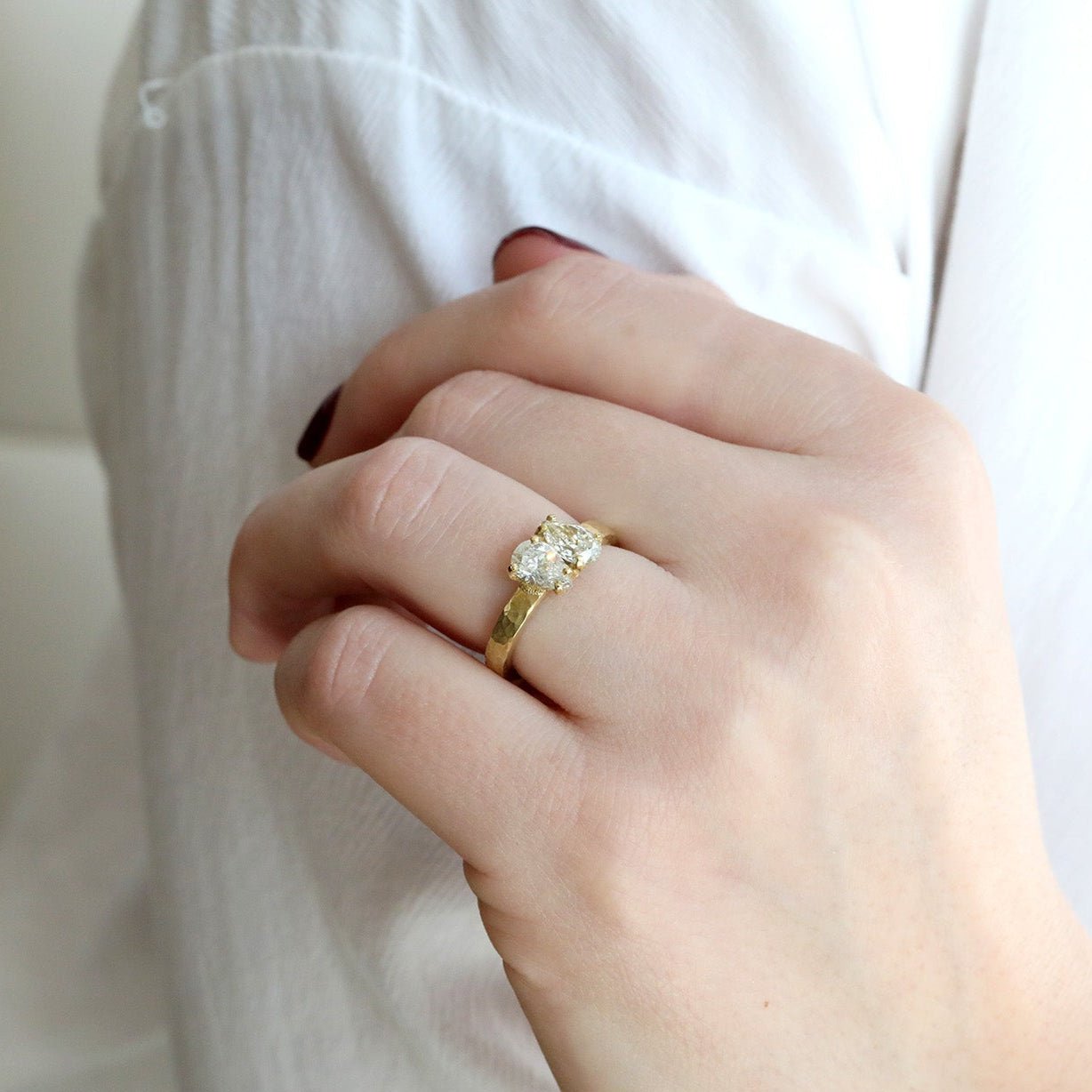 18 Karat Yellow Gold Hammered Band with Two Pear Shaped Diamonds - Peridot Fine Jewelry - TAP by Todd Pownell