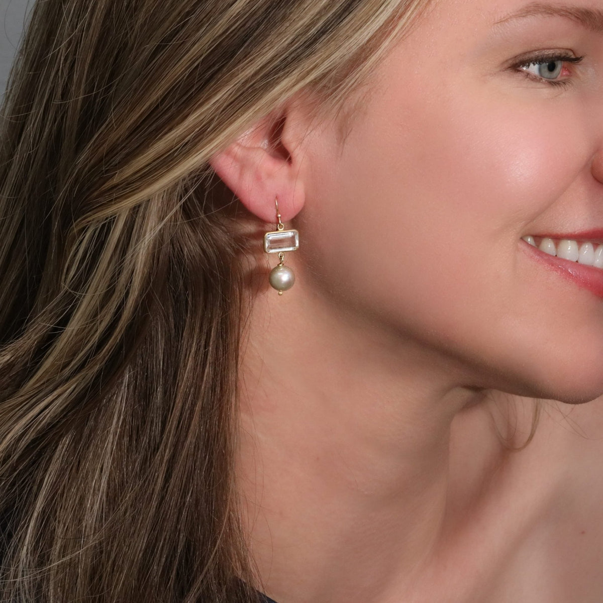18K & 14K East-West Emerald-Cut White Topaz Earrings with Silver Pearl Drops - Peridot Fine Jewelry - Rosanne Pugliese