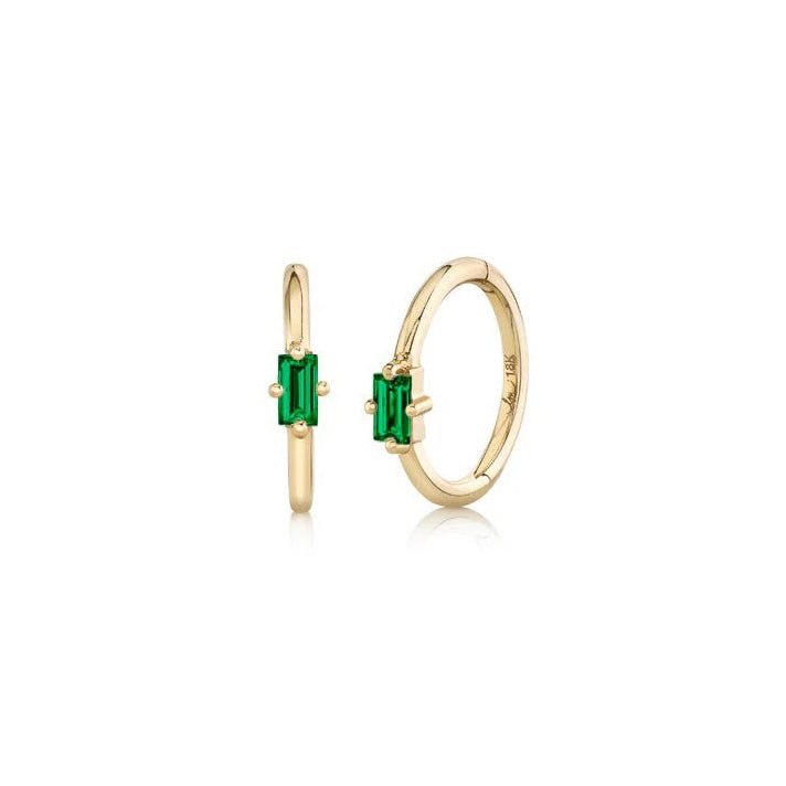 18K 8mm Seamless Huggie Hoops with Prong - Set Baguette Emeralds - Peridot Fine Jewelry - Lizzie Mandler