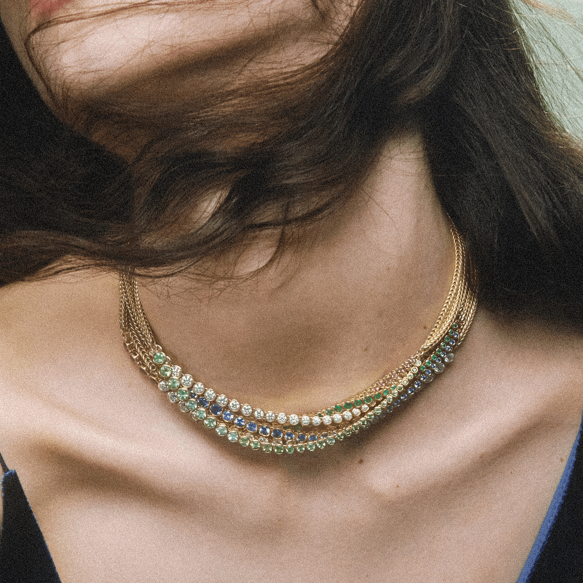 18K Asymmetrical Graduated Bezel-Set Mint Tourmaline "Bubble" Necklace - Peridot Fine Jewelry - Renna