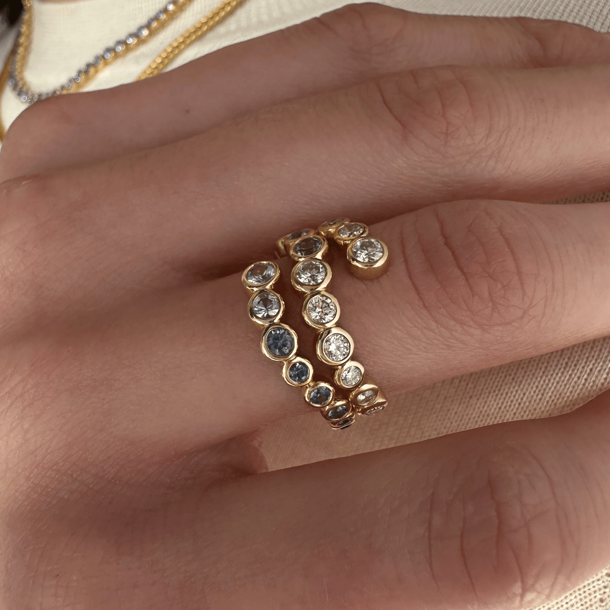 18K Bezel - Set Graduated Diamond "Open Wave" Ring - Peridot Fine Jewelry - Renna
