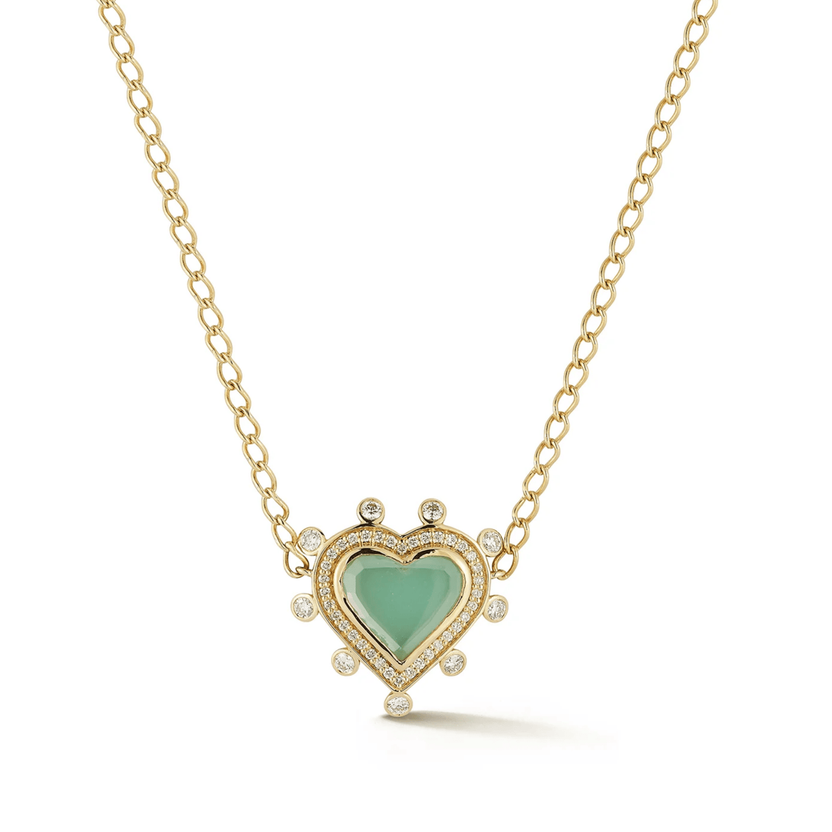 18K &amp; Chrysoprase Small Heart "Caspian" Pendant Necklace with Pave &amp; Satellite Diamond Halo - Peridot Fine Jewelry - Renna