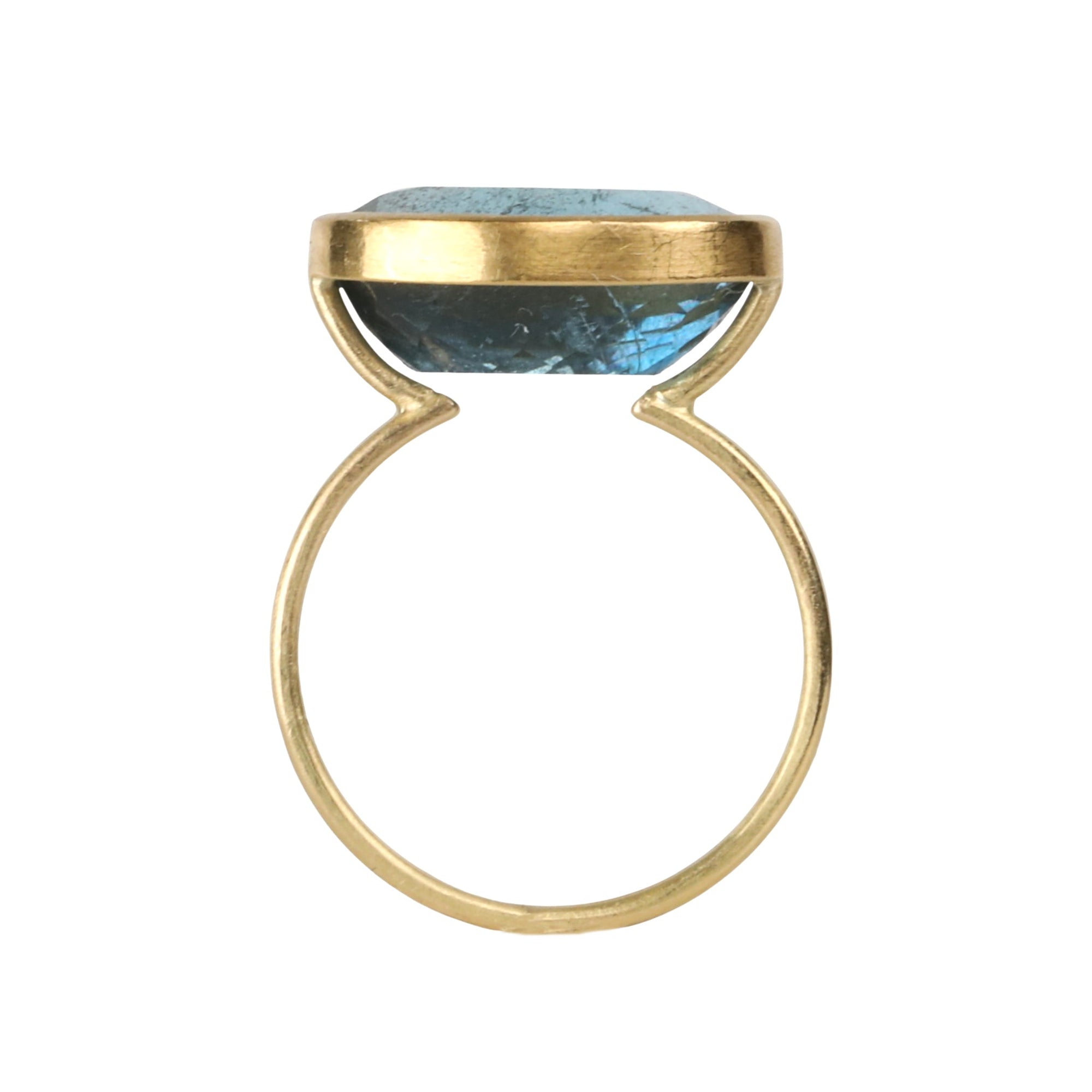 18K East - West Oval Aquamarine Ring with Double Row Band - Peridot Fine Jewelry - Rosanne Pugliese
