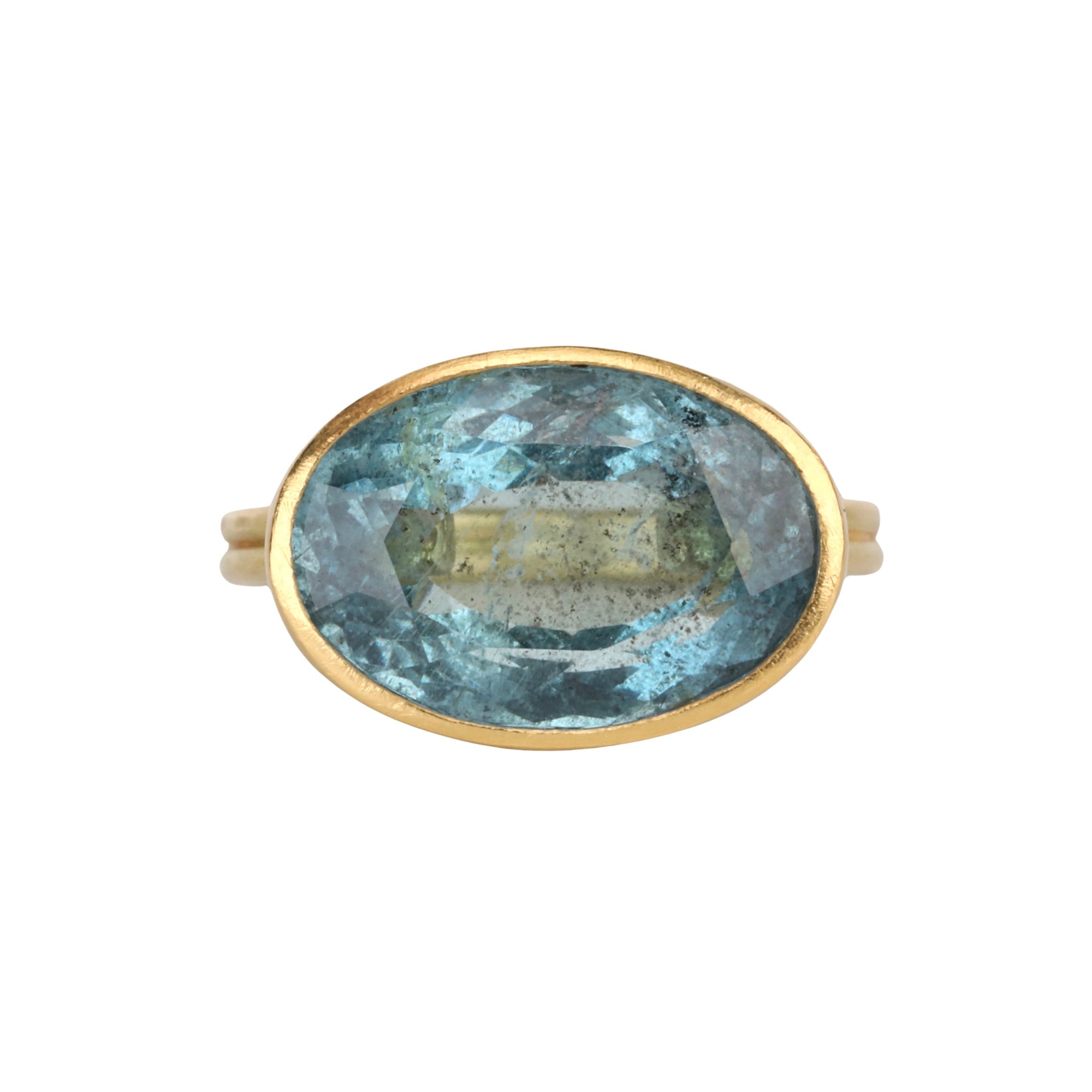 18K East - West Oval Aquamarine Ring with Double Row Band - Peridot Fine Jewelry - Rosanne Pugliese
