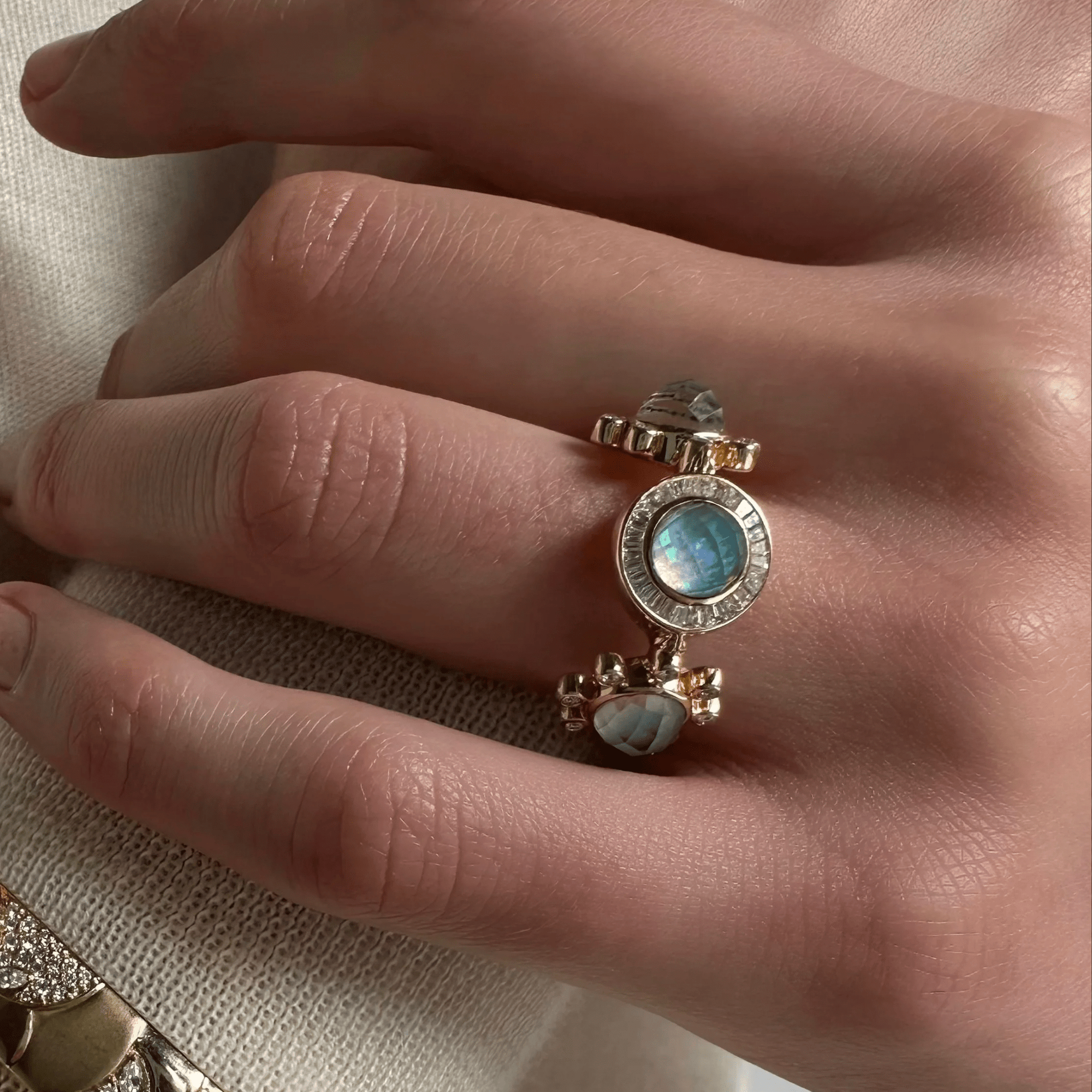 18K "Galaxy" Ring with Three Australian Opals & Diamond Halo Details - Peridot Fine Jewelry - Renna