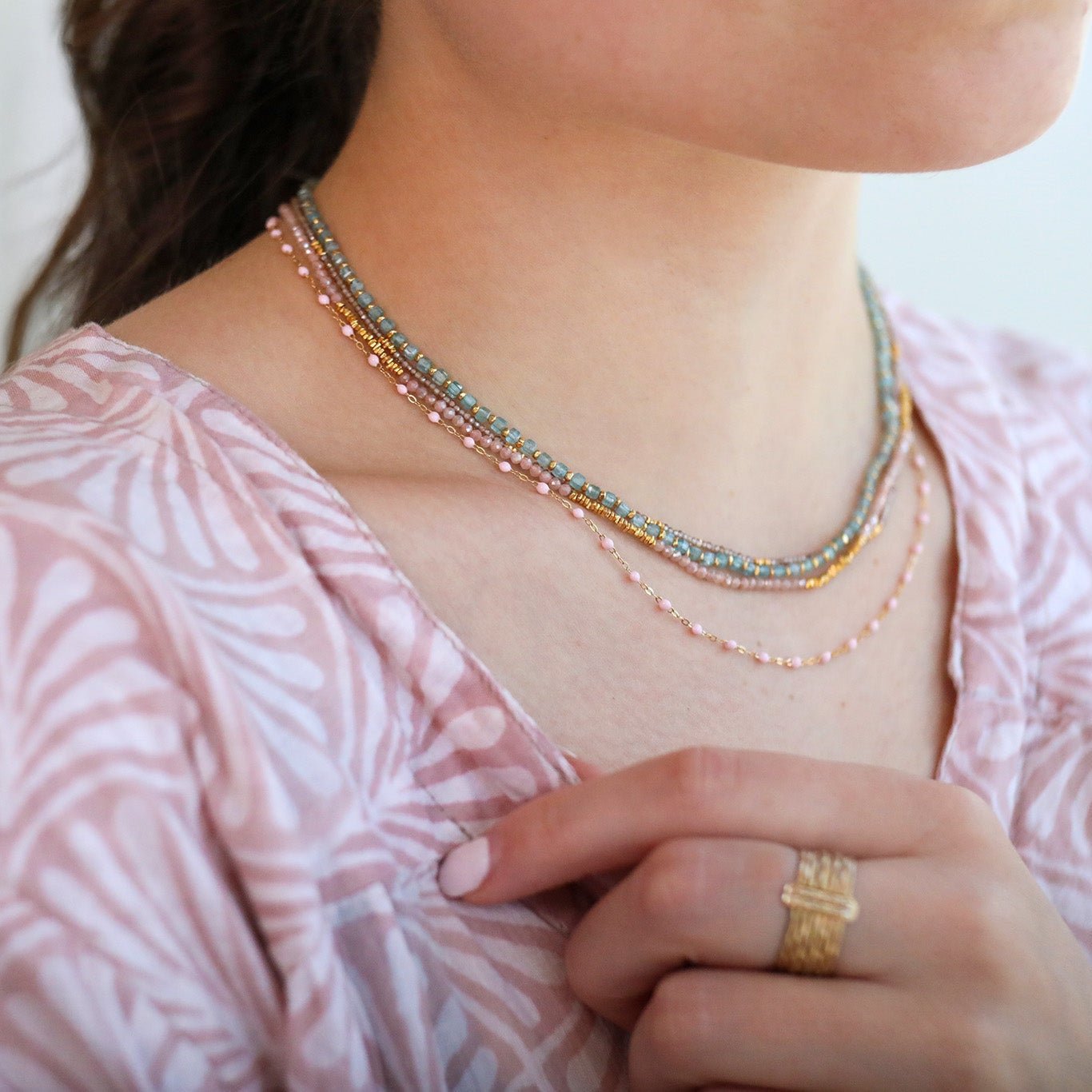 18K Gold and Blush Resin Beaded &quot;Classic&quot; Necklace - Peridot Fine Jewelry - Gigi Clozeau