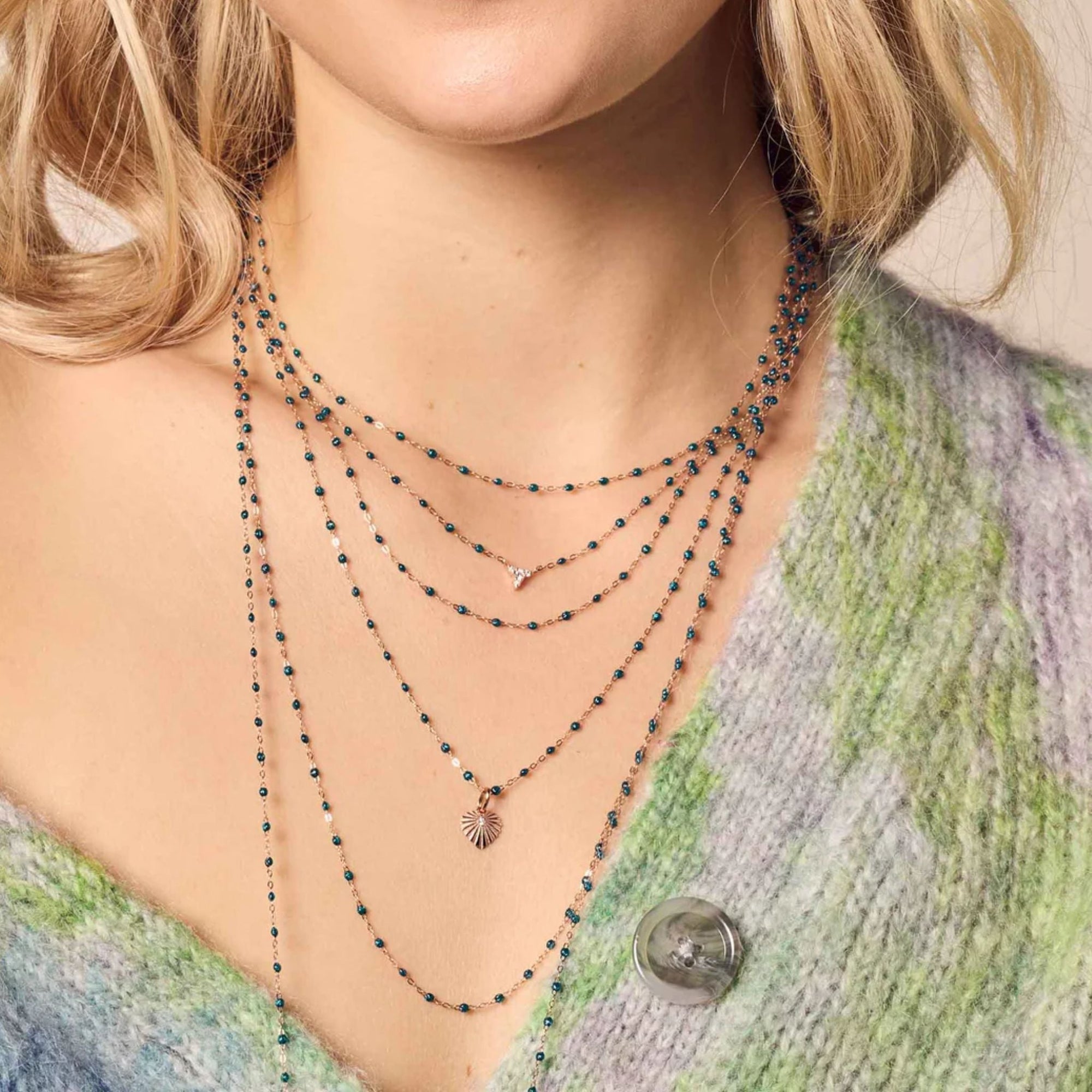18K Gold and &quot;Jungle&quot; Teal Resin Beaded &quot;Classic&quot; Necklace - Peridot Fine Jewelry - Gigi Clozeau