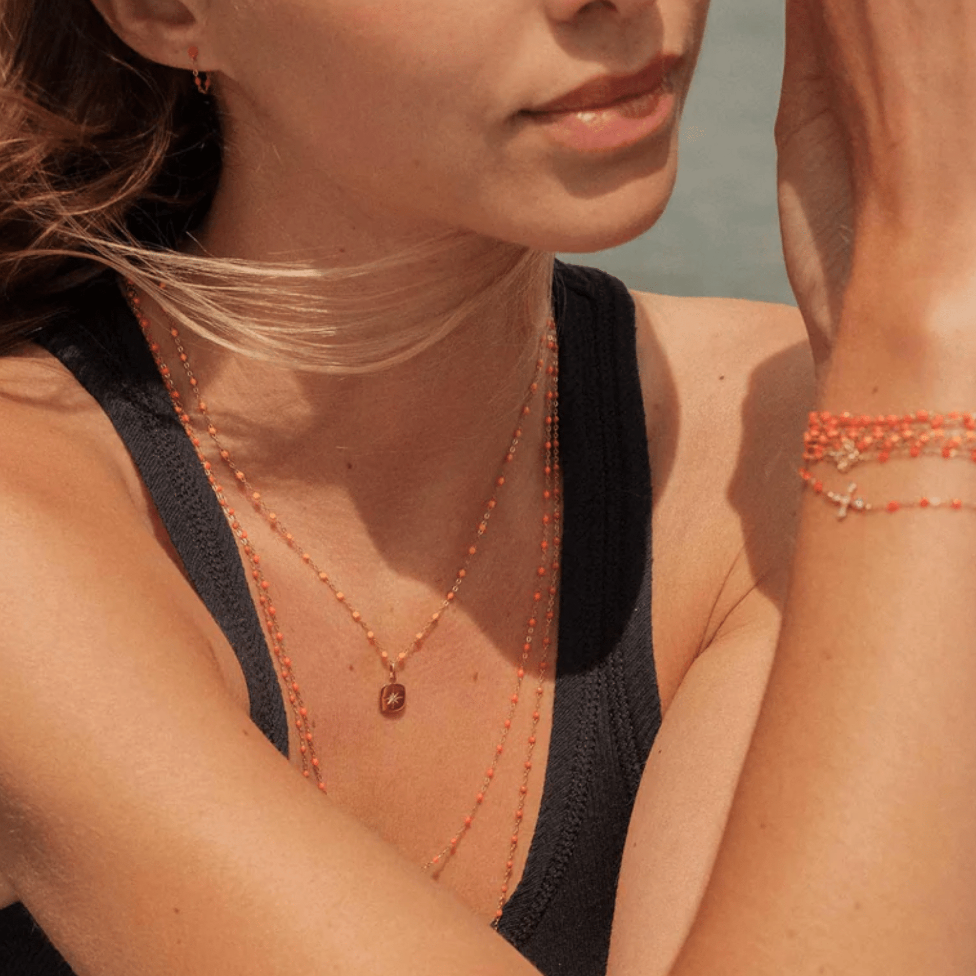 18K Gold and "Mandarine" Colored Resin Beaded "Classic" Necklace - Peridot Fine Jewelry - Gigi Clozeau