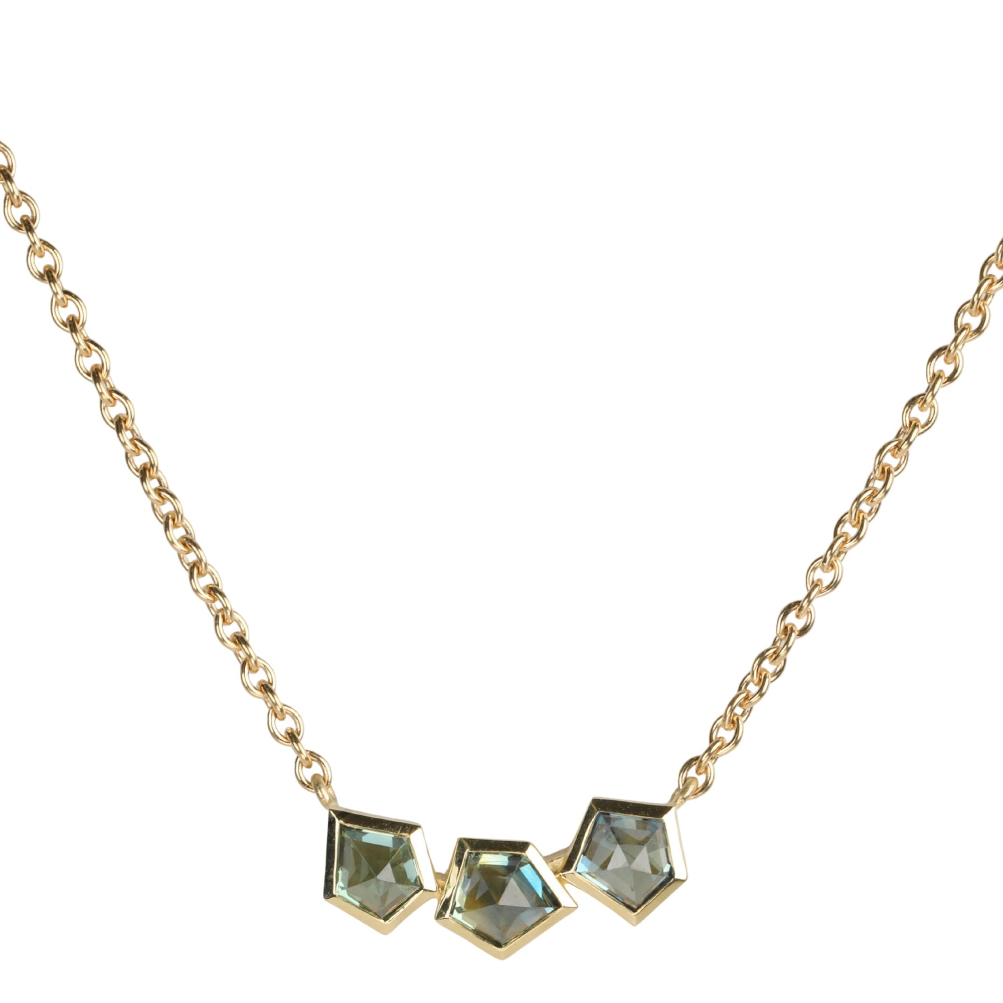 18K Gold &quot;Arch&quot; Necklace Featuring Three Geometric Blue - Green Sapphires - Peridot Fine Jewelry - Ali Dumont