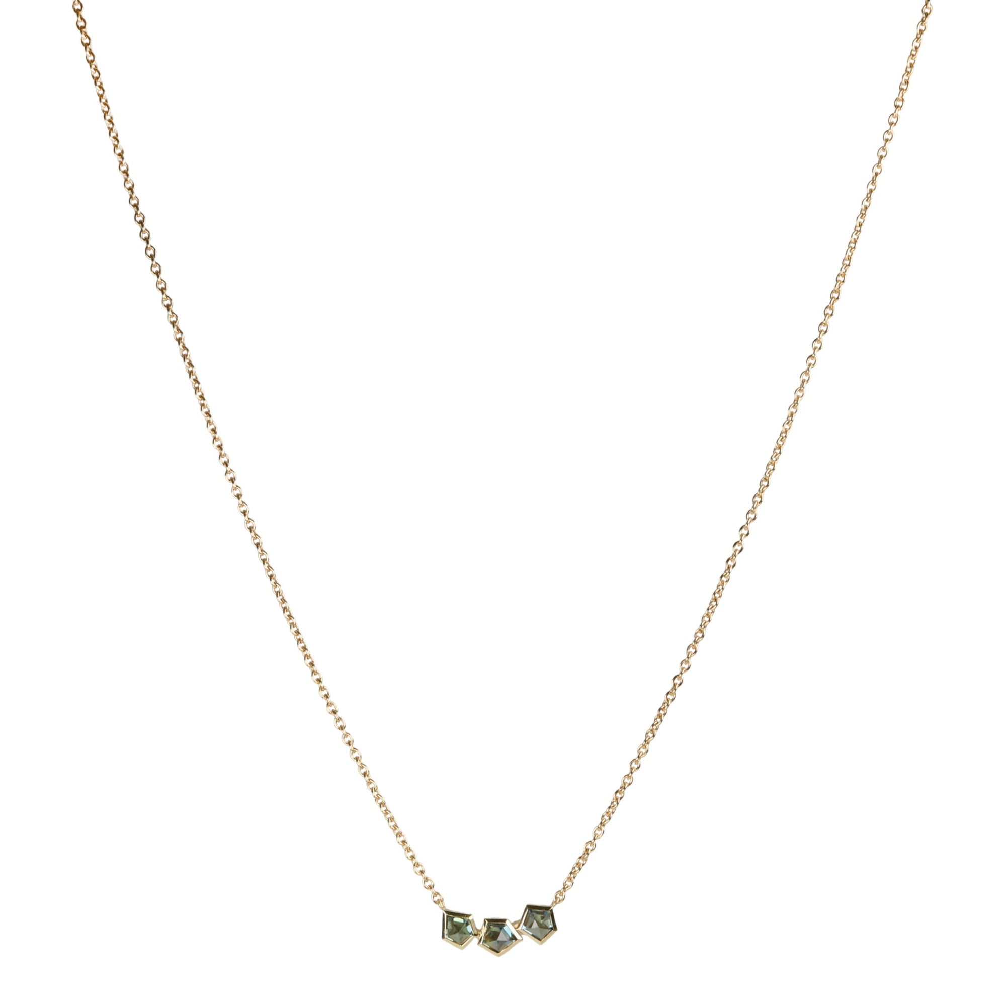 18K Gold &quot;Arch&quot; Necklace Featuring Three Geometric Blue - Green Sapphires - Peridot Fine Jewelry - Ali Dumont